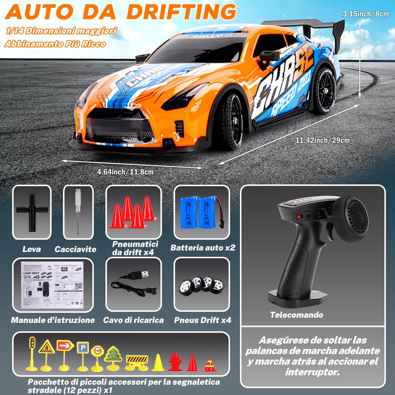 JONRRYIN Coche RC Drift, 1:14 Coche Teledirigido Drift, 25km/h 4WD Coche de Carreras Teledirigido con Kit Barricada, Luces LED, Radiocontrol Car de Juguete para Adultos y Niños Mayores de 8 Años