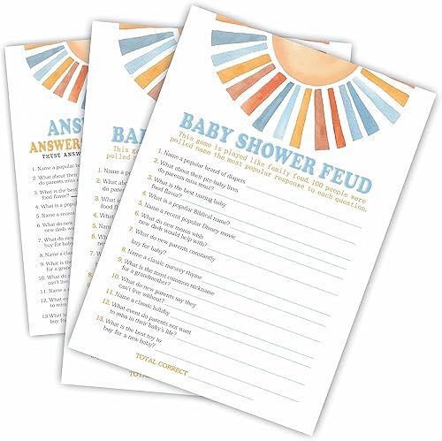 Kit de juego retro Sunshine Baby Shower - Here Comes The Sun - 30 tarjetas de juego de doble cara y 1 tarjeta de respuesta para baby shower,