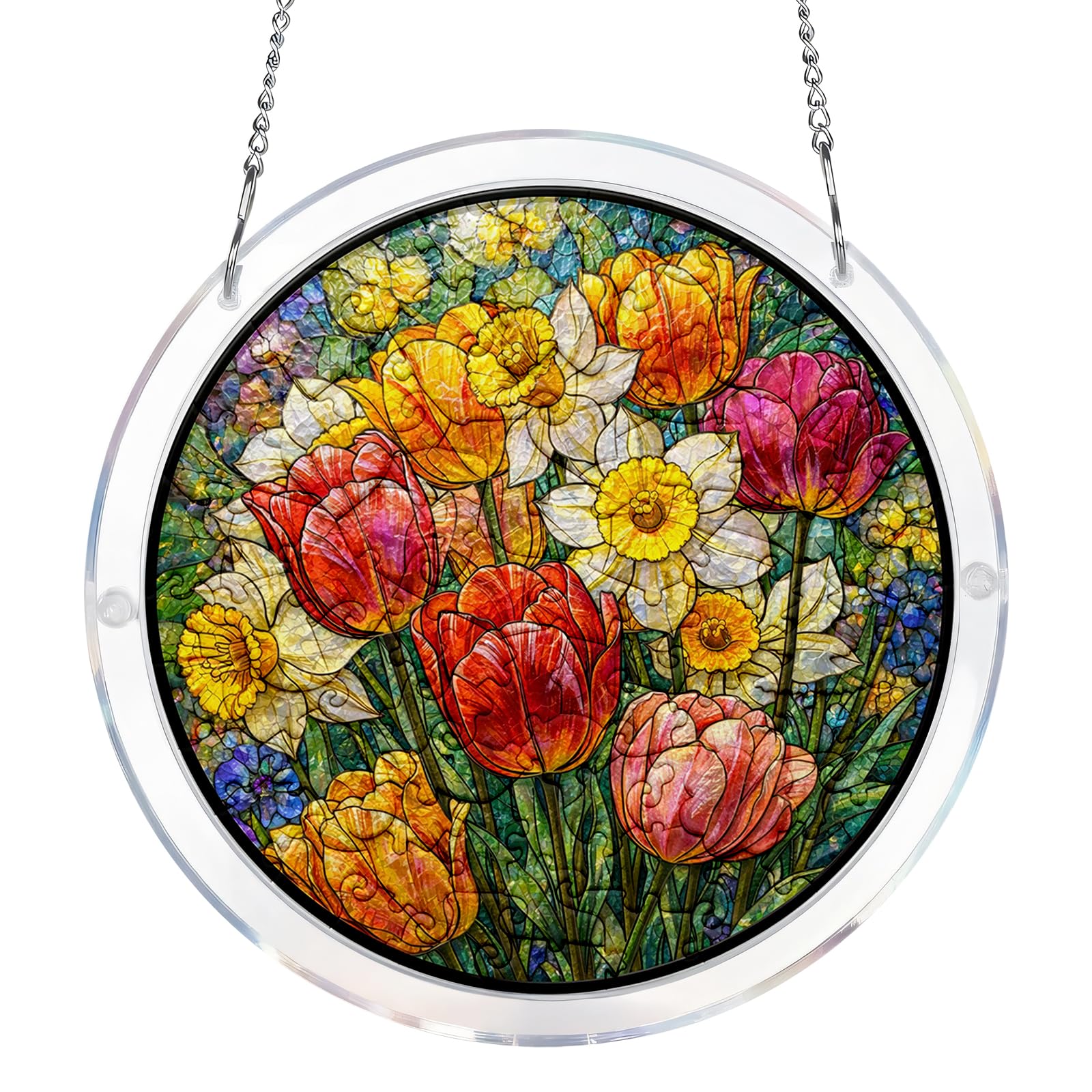 Floral Sun Catcher With Chain, Acrylic Puzzle Suncatcher With Tulips & Daffodils, Weather-Resistant Hanging Garden Ornaments For Window And Yard, Exquisite Suncatcher Gift For Friends And Neighbors