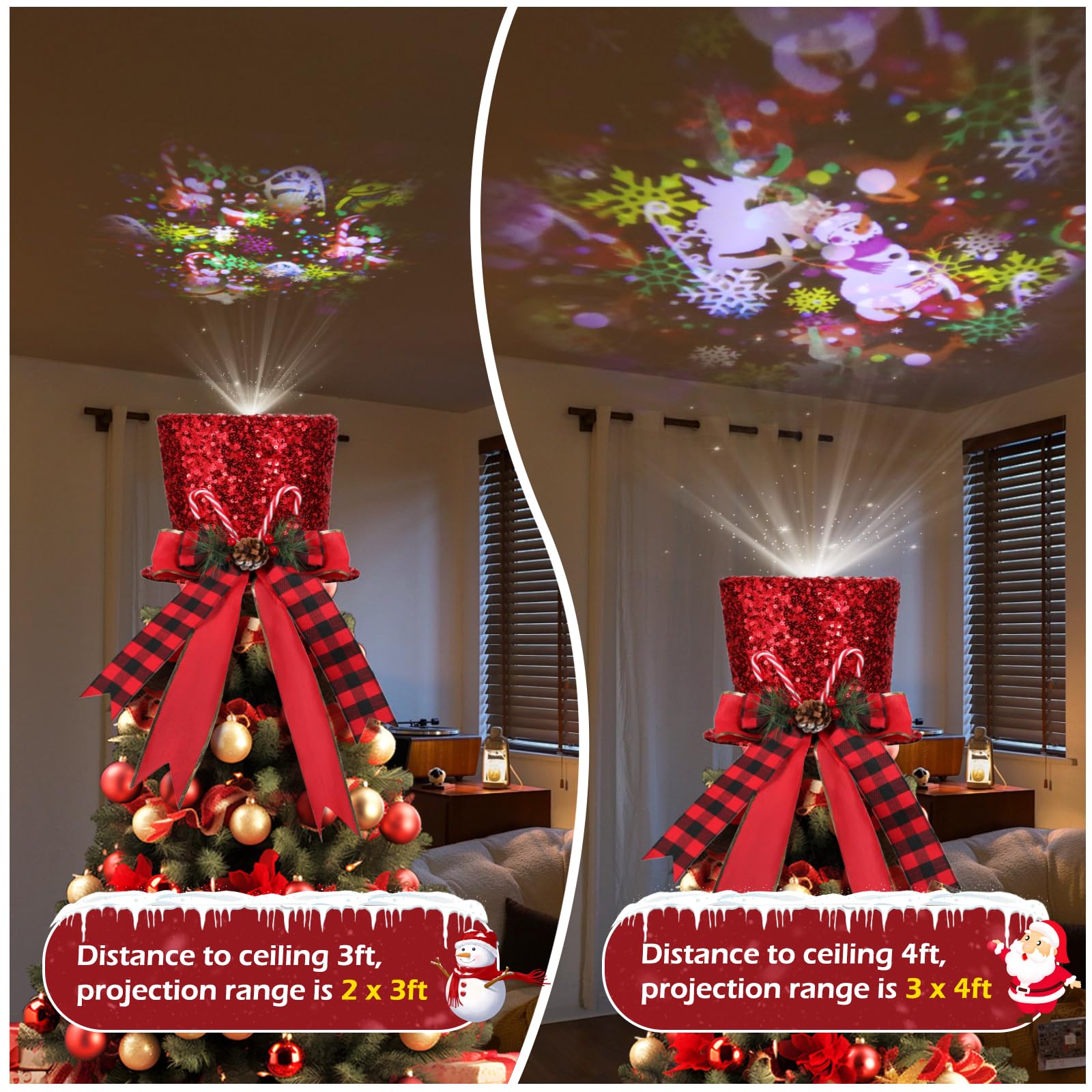 Hat Christmas Tree Topper w/Projection Modes Lighted, Large Red Sequins Hat Xmas Tree Topper w/Pine Cone and Bow Ribbon Ornament, Xmas Tree Topper Top Hat for Home Holiday Tree Decoration Xmas Gifts