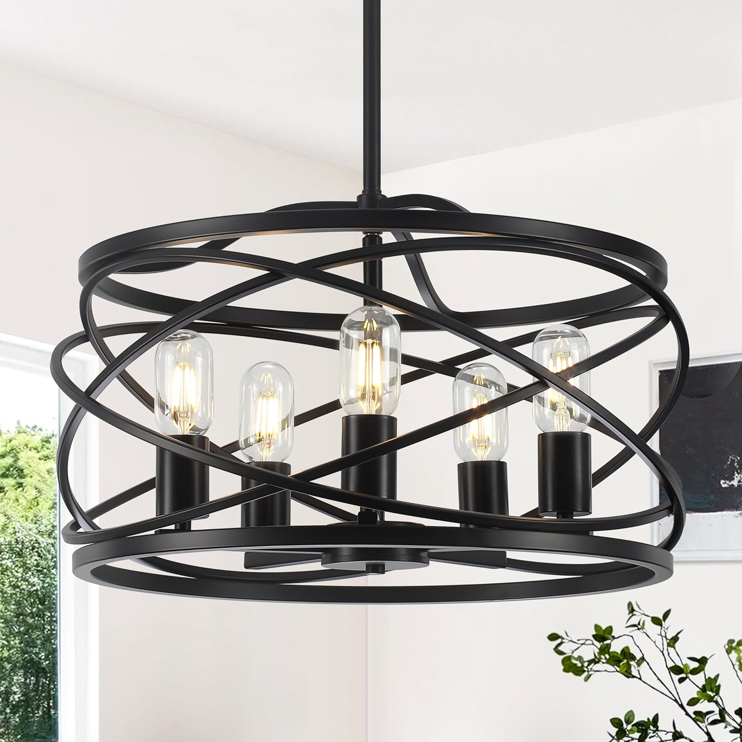 19.7'' Farmhouse Industrial Chandelier for Dining Room, 5-Light Rustic Black and Brown Metal Wood Texture Drum Chandeliers Hanging Light Fixture for Entryway Kitchen Foyer Bedroom Living Room