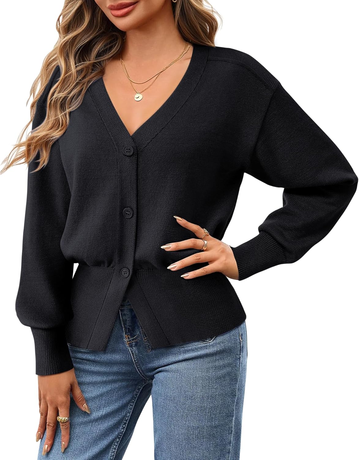 Gaharu Womens Open Front Cardigan Sweaters Long Sleeve Knitted Button Tops Casual V-Neck Peplum Outerwear for Women Trendy - Image 2