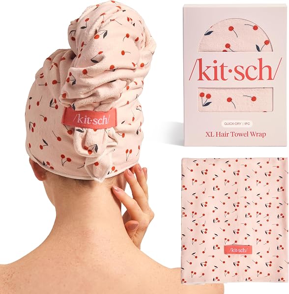 Kitsch Ręcznik do włosów z mikrofibry XL dla kobiet - nadruk wiśni | Ultra chłonne ręczniki do włosów z mikrofibry do ws