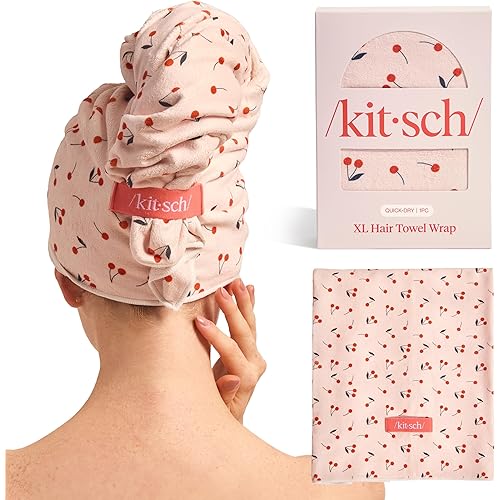 Kitsch XL Microfiber Hair Towel Wrap for Women – Ultra Absorbent Microfiber Towel for Wet, Curly, Long or Short Hair – Quick Dry, Anti-Frizz Hair Wrap – Cherry Print, 40x24 inches
