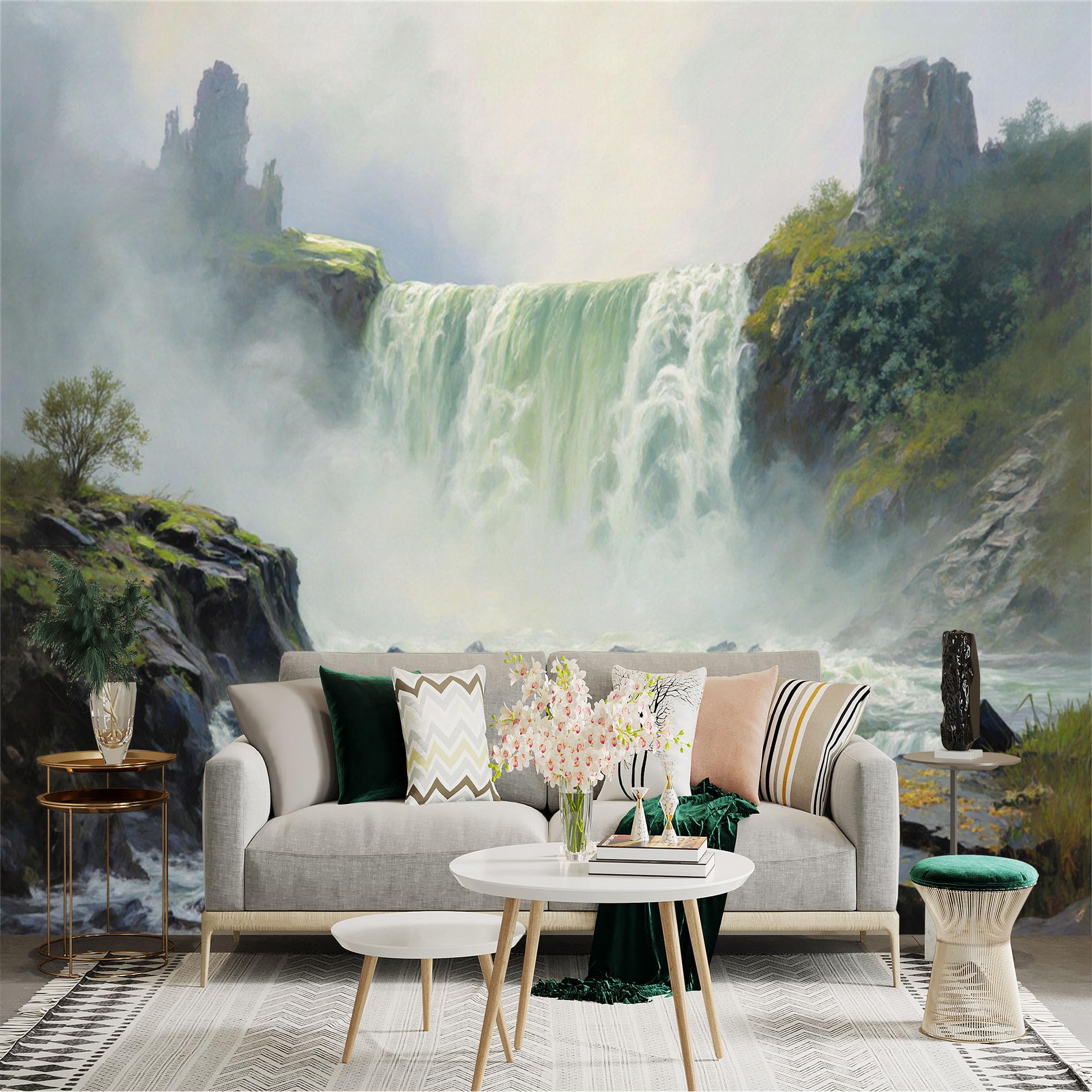 Lnzczhyre Xc260505399 Custom Size Wall Sticker Mural， Misty Mountain Waterfall， Flowing River Landscape， Nature Scenery， For Wall Decoration， Peelandstick Wall Decals.