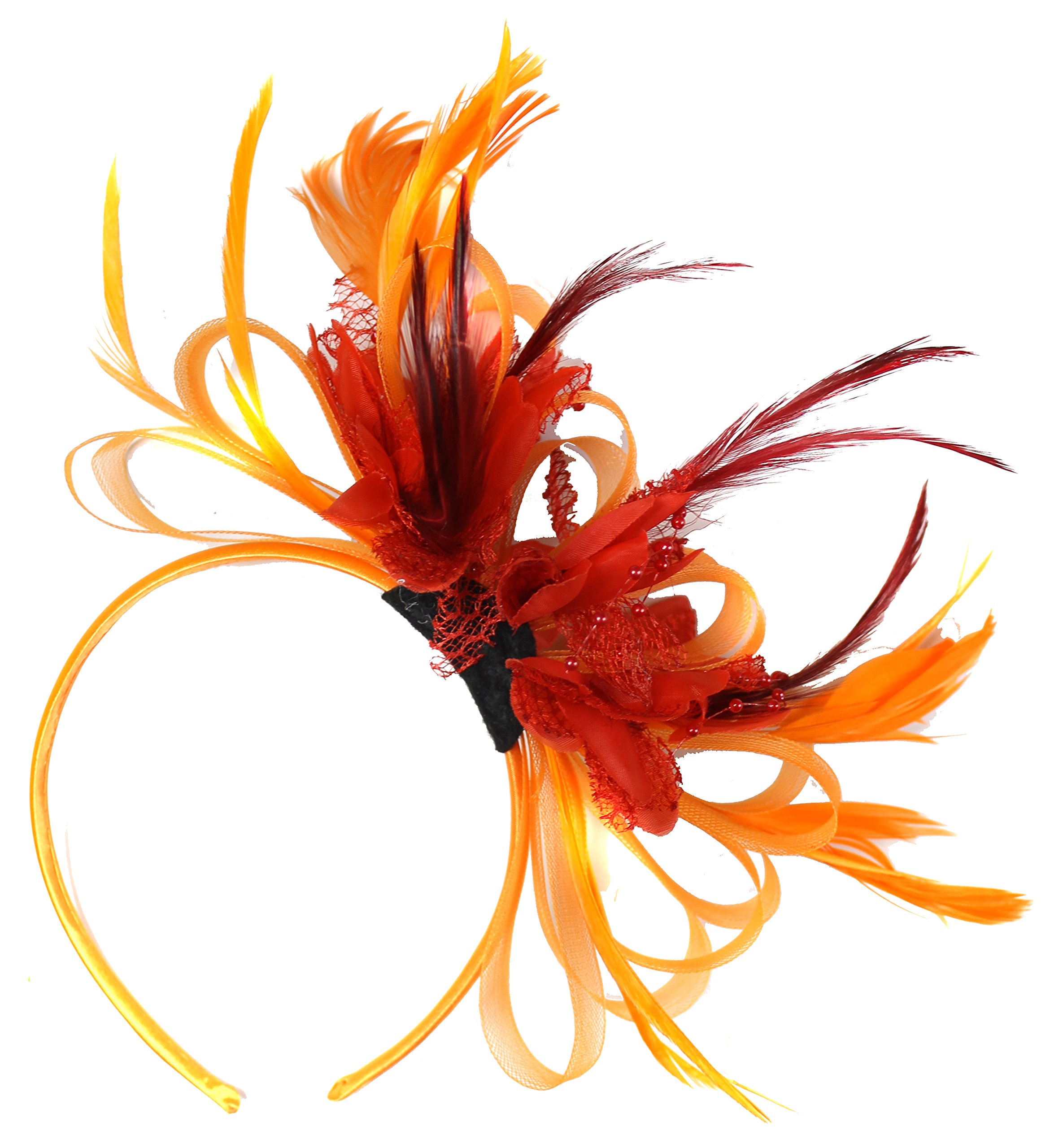 Orange and Red Net Hoop Feather Hair Fascinator Headband Wedding Royal Ascot Races