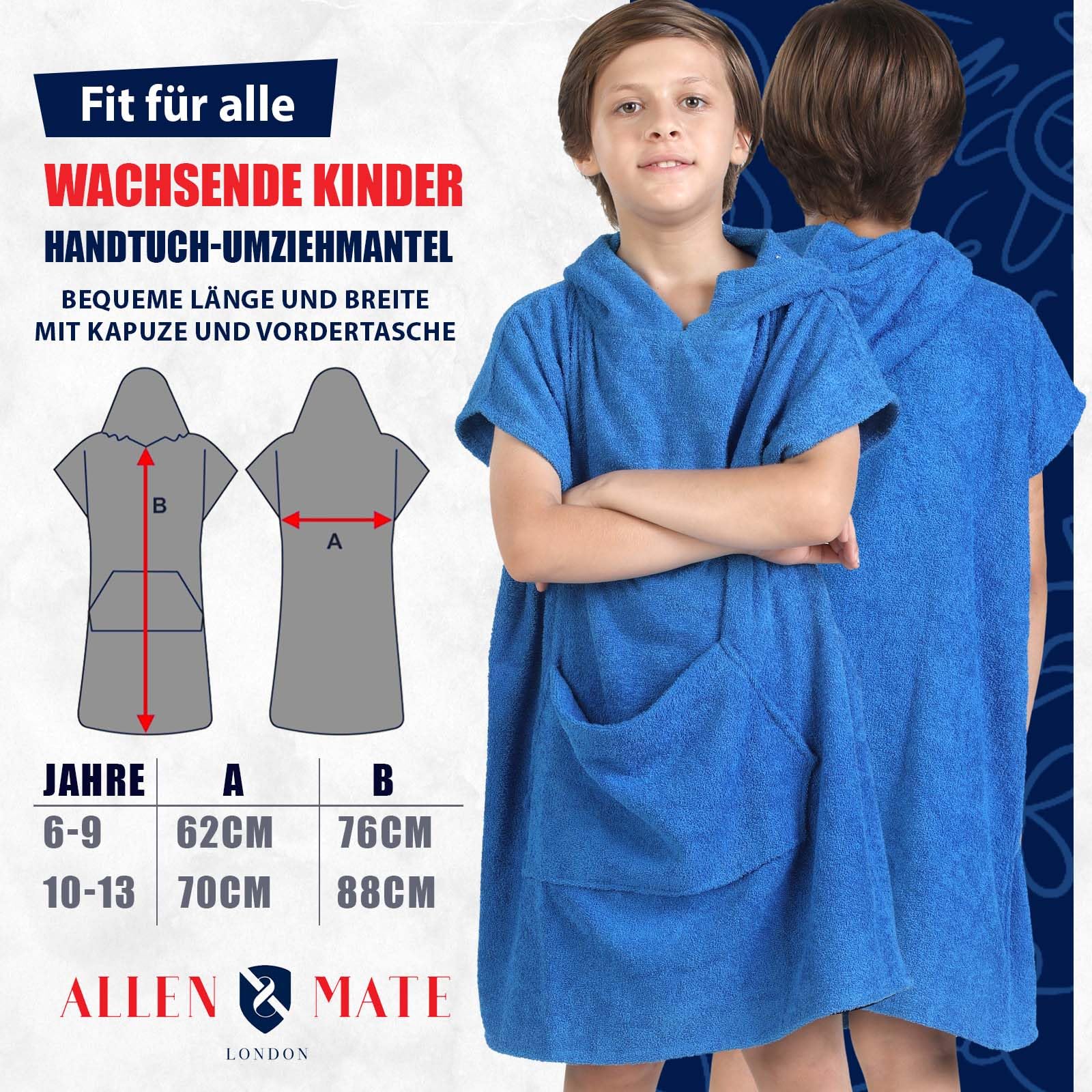 ALLEN & MATE 100% BAUMWOLLE Kinder-Strandtuch-Poncho – Übergroßer, schnelltrocknender Bademantel zum Umziehen mit Kapuze und Tasche für Jungen und Mädchen