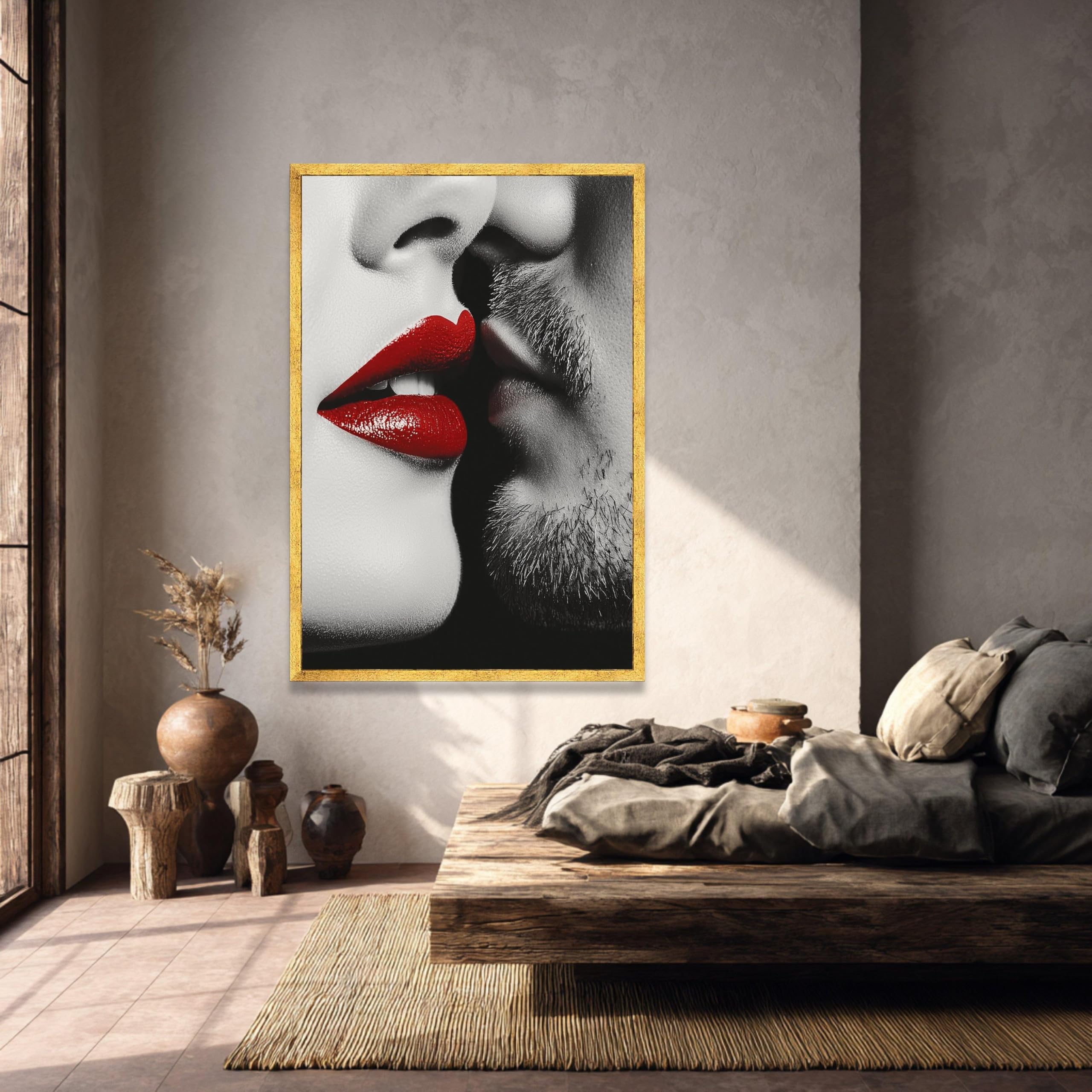 Tableau sur toile représentant un couple en gros plan, affiches et impressions aux lèvres rouges, portrait en noir et blanc, œuvre d'art moderne pour chambre à coucher (60 x 90 cm / cadre intérieur)
