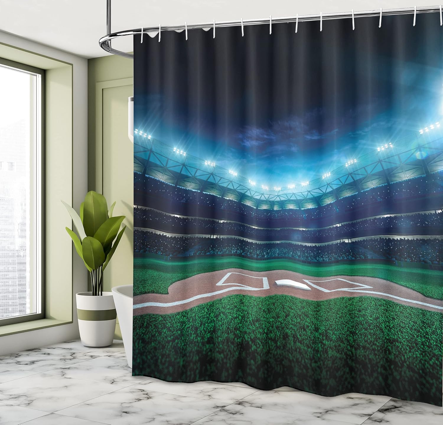 Ambesonne Baseball Shower Curtain, Professional Baseball Field at Night Vibrant Playground Stadium League Theme Print, Cloth Fabric Bathroom Decor Set with Hooks, 69" W x 84" L, Blue Green