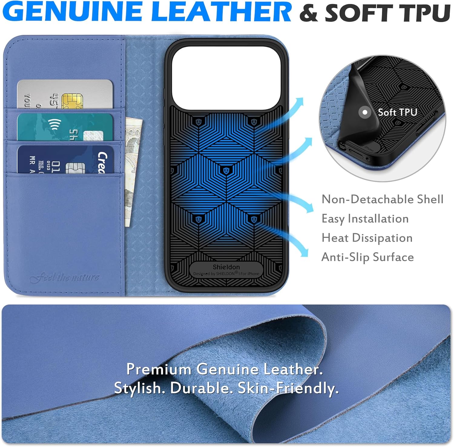 SHIELDON Genuine Leather Case Wallet for iPhone 17 Pro Max 6.9-inch | Folio Magnetic | RFID Blocking Credit Card Holder | Kickstand | Shockproof Phone Cover 2025 | Wisteria Purple - Image 3