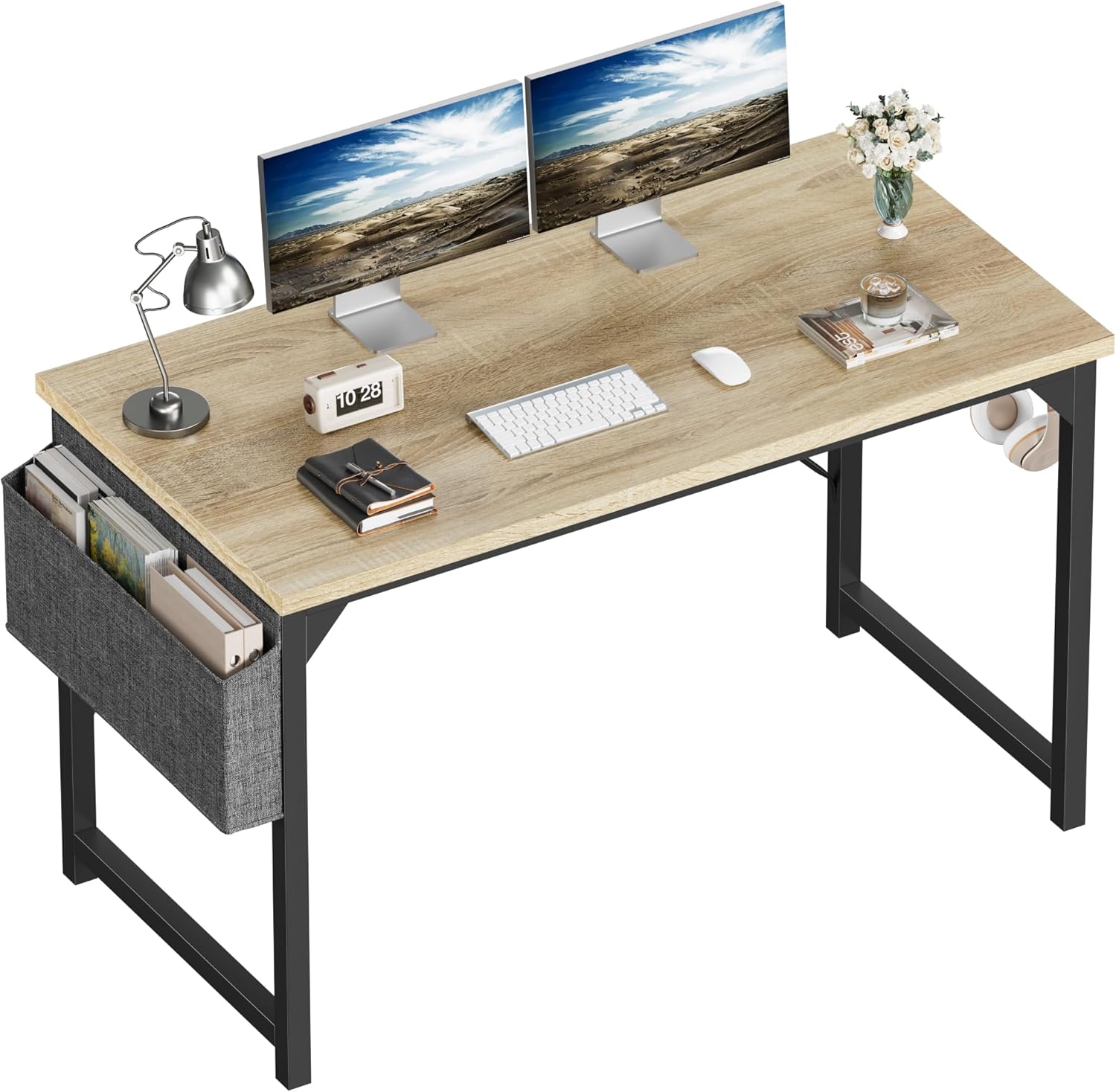 Shahoo Computer Desk 48 Inch Home Office Writing Work Study Student Bedroom Wood Modern Simple Table with Storage Bag & Headphone Hooks, Nature