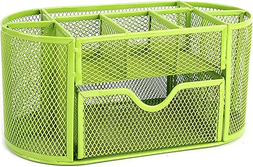 Miniatura 5 de VANRA Organizador de suministros de escritorio de malla de metal, organizador de suministros de oficina, 8 compartimentos con cajón (verde)
