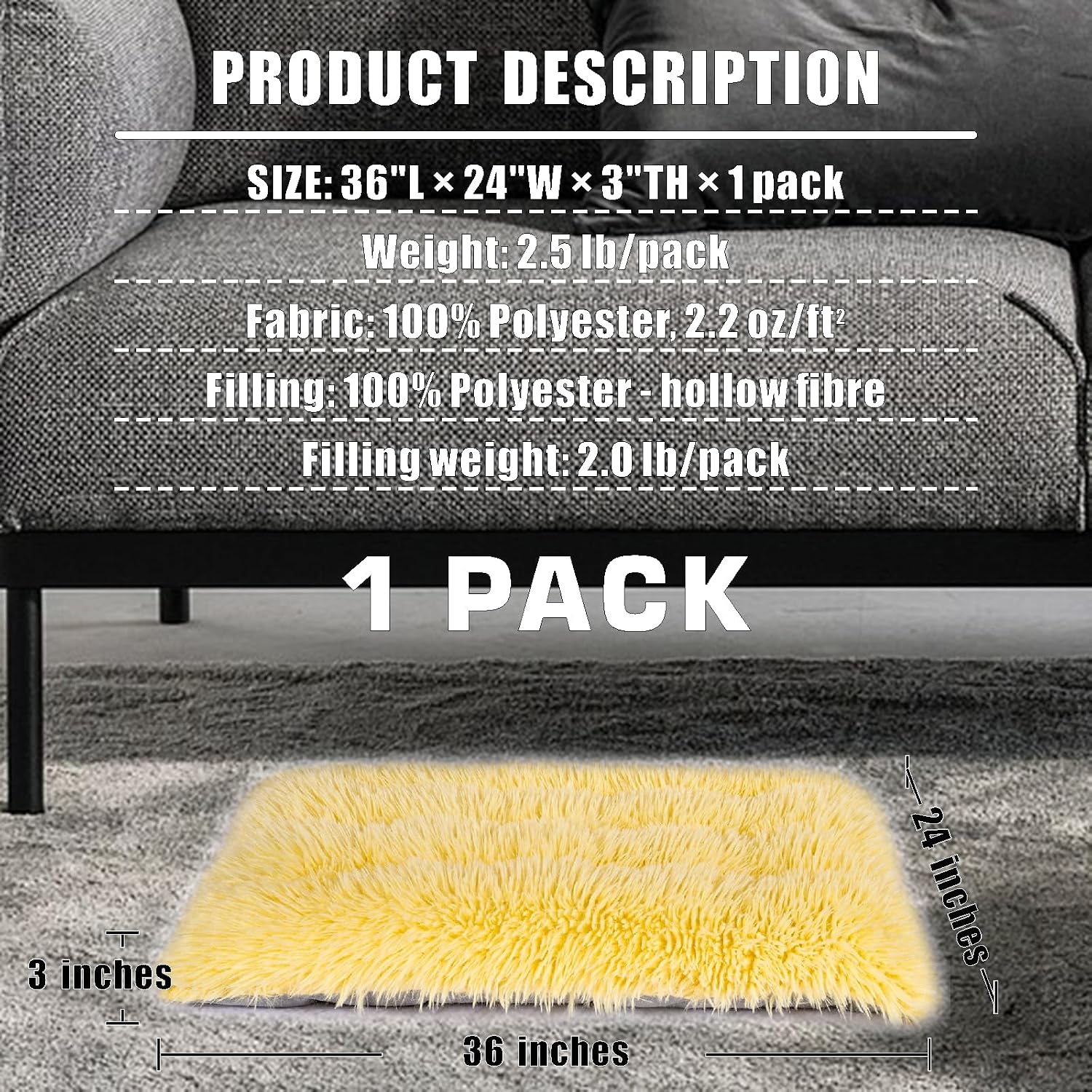 Machine Washable Dog Bed, Deluxe Plush Dog Crate Pad and Cat Bed, Anti-Slip Bottom Kennel Pad Mat, Fuzzy Pet Beds for Large, Medium, Small Dogs Breeds (Light Yellow, 36.0"L x 24.0"W x 3.0"Th x 1 Pack)