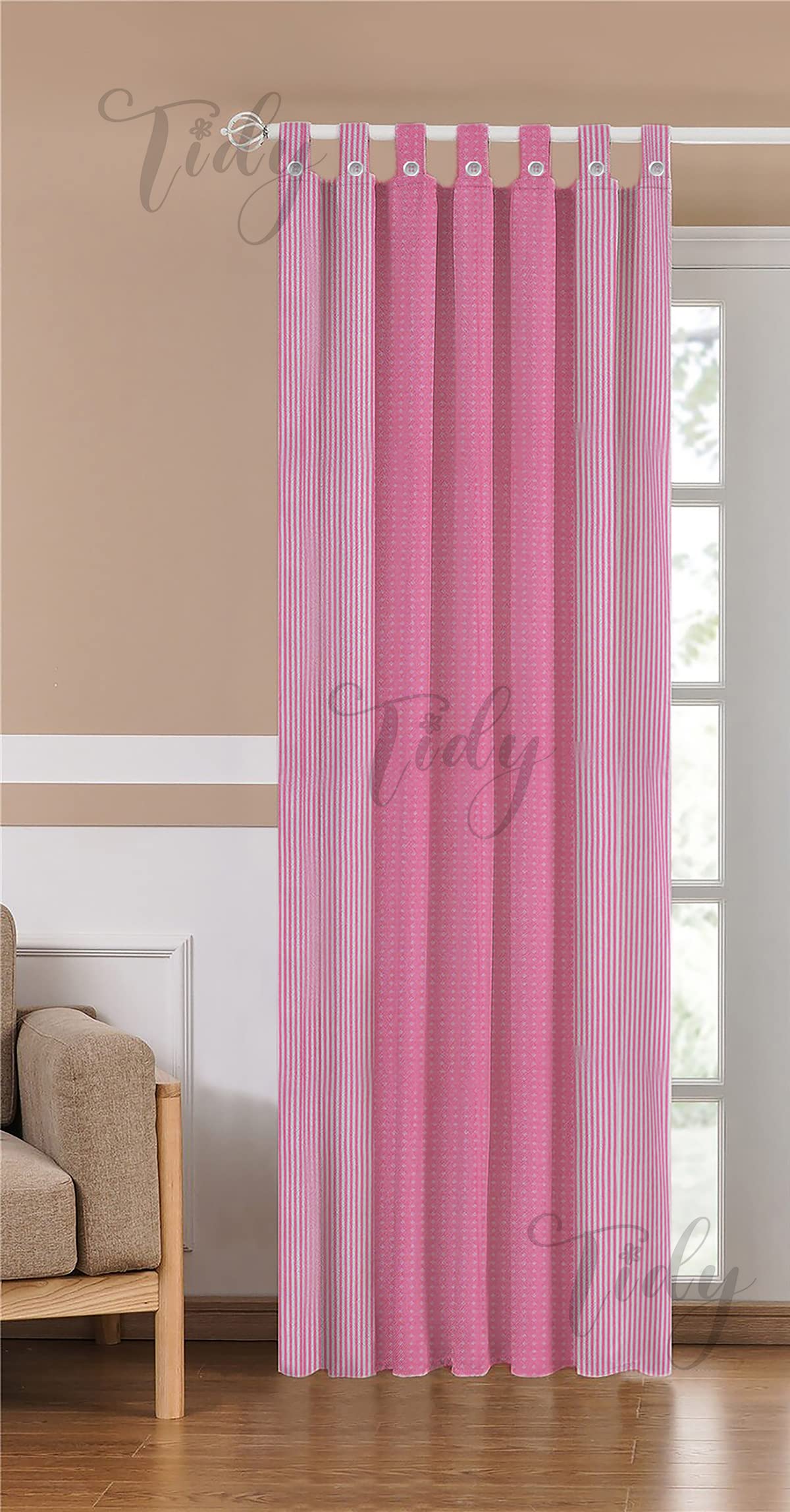 Tidy Cotton Room Darkening Striped Pattern Loop Curtain - Set of 1 Piece (Color: Pink with White, 7 Feet Length x 4 Feet Width)-image-0
