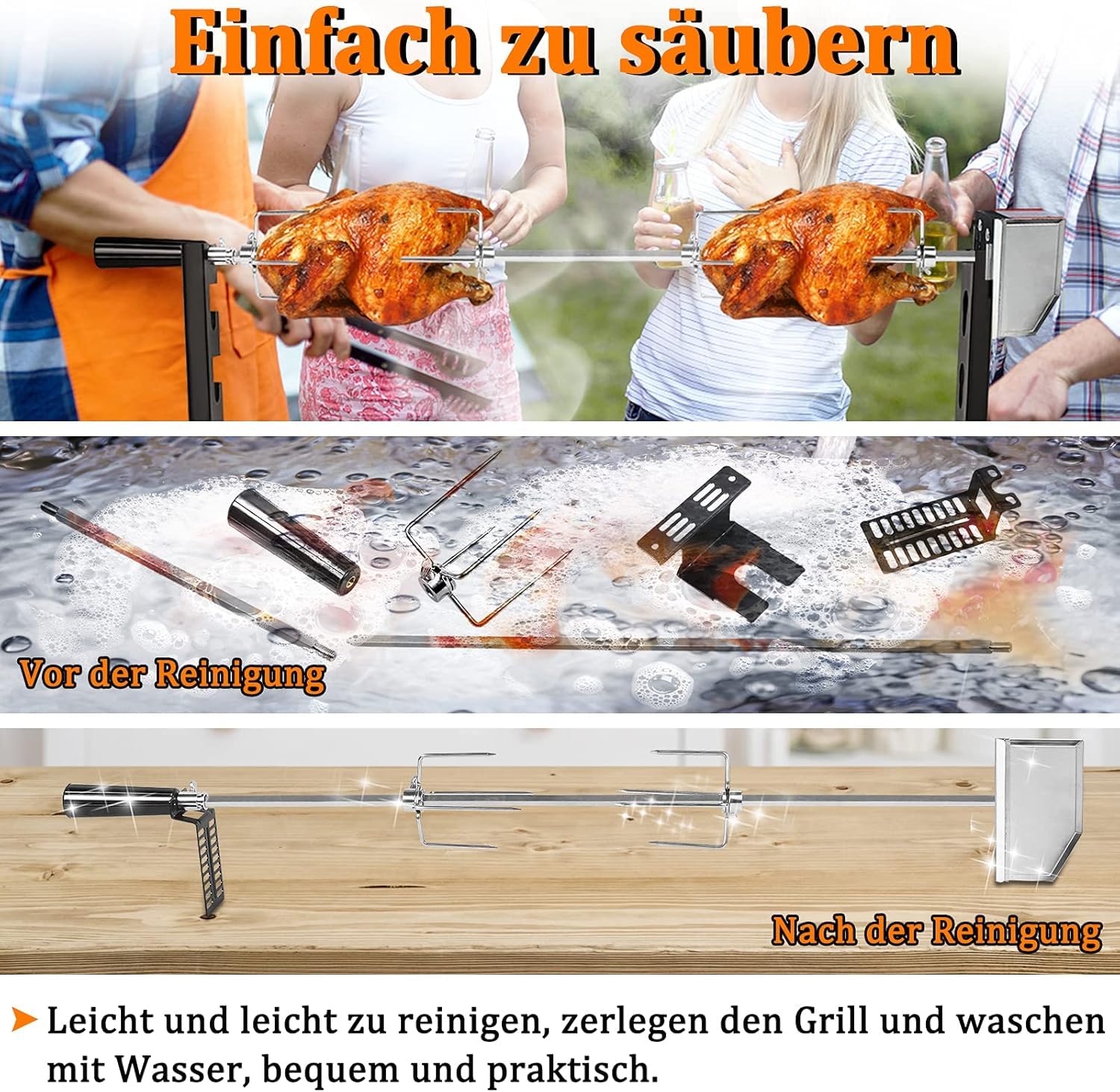 AufuN Zestaw obrotowych szpikulców ze stali nierdzewnej, grill gazowy, rożen do grilla 107 cm, z 4 igłami do mięsa, 220 V – 240 V, elektryczny rożen obrotowy, na podróż, kemping, piknik