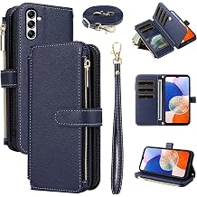 Wallet Case for Samsung Galaxy A55 5G with Wrist Strap, Shoulder Strap 10+ Card Holder Luxury PU Leather Flip Zipper Purse Shockproof Phone Cover for A 55 55A A555G Blue