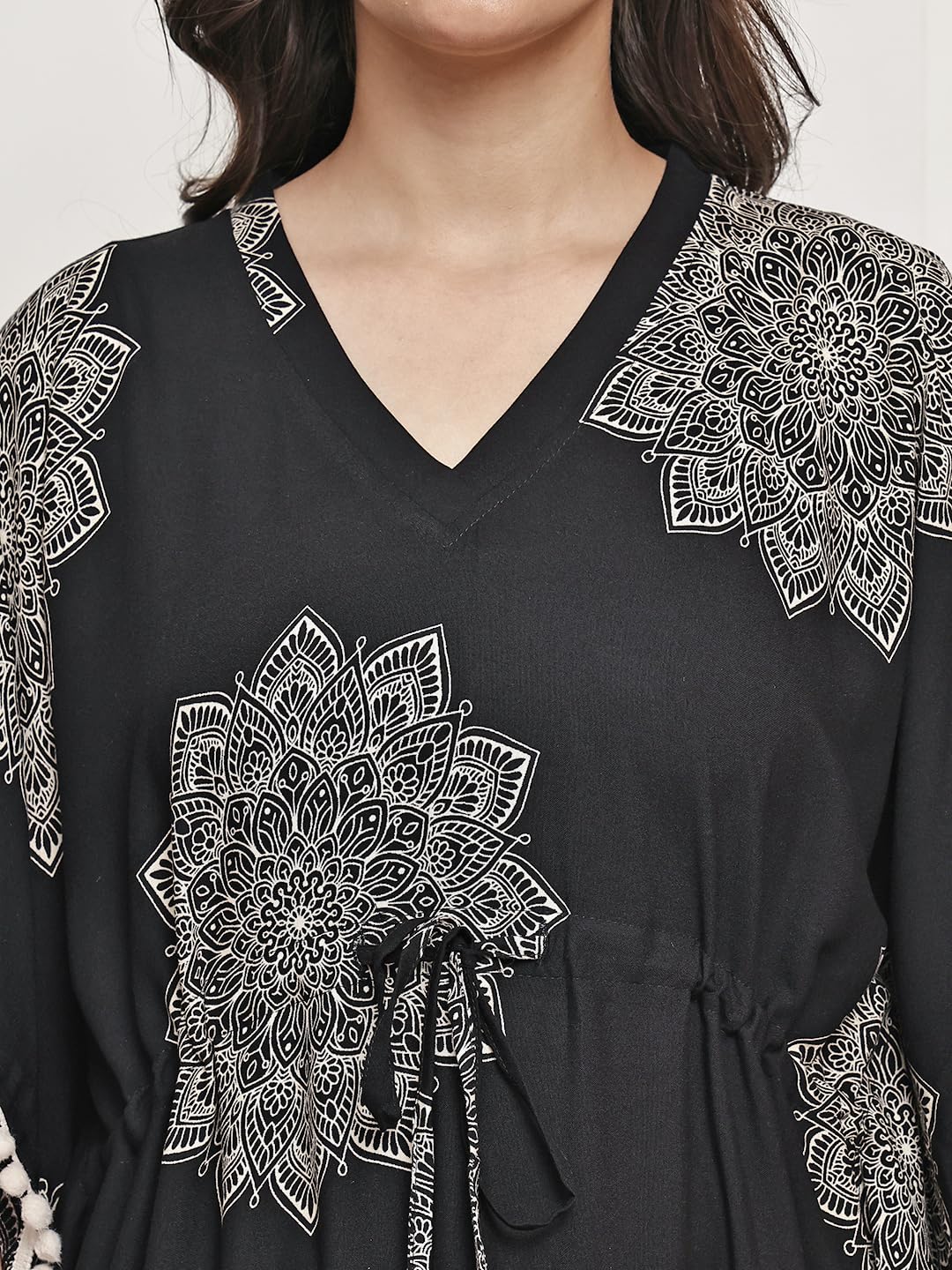 Women's Black Kaftan Maxi Dress with Mandala Print and Pom Pom Trim, V-Neck 4