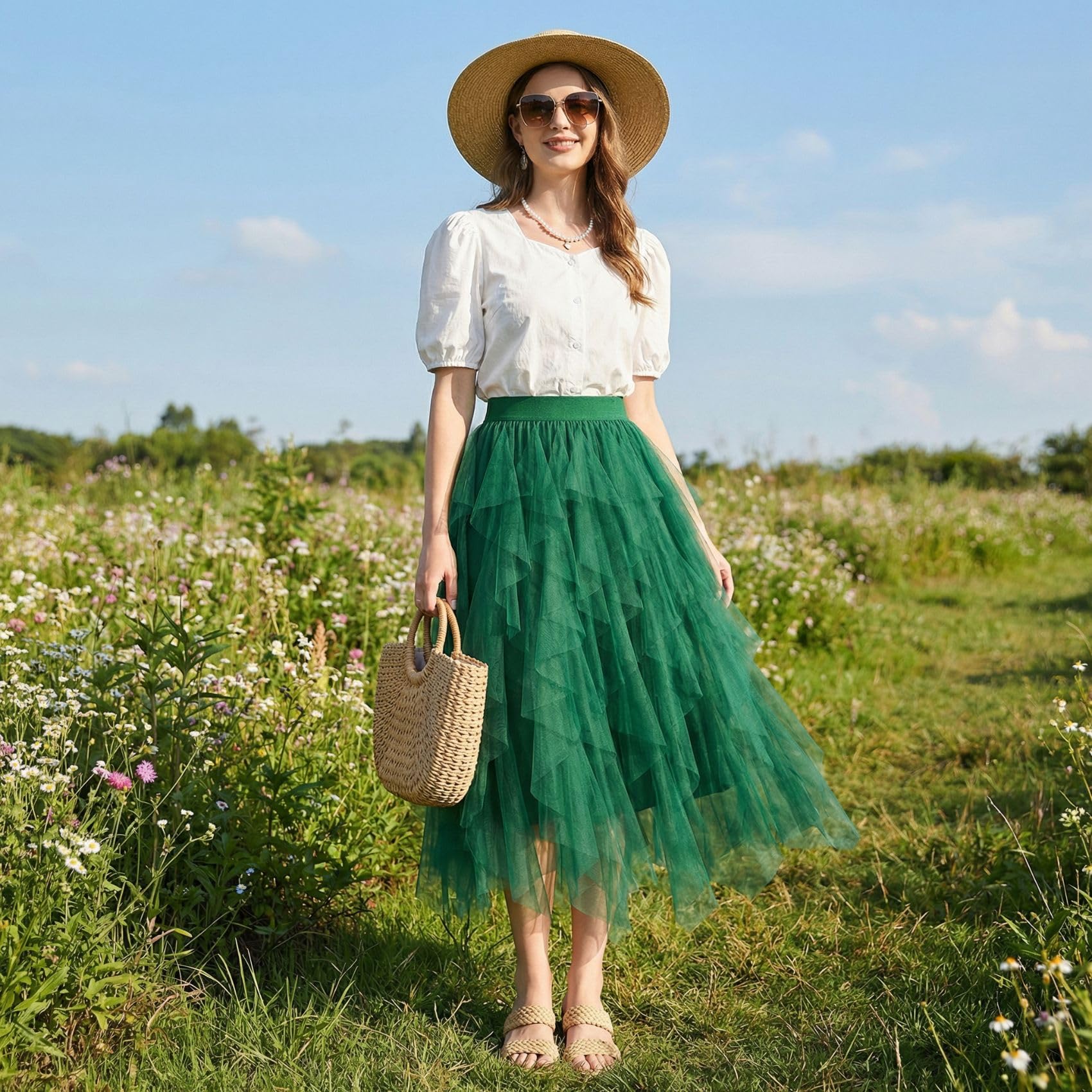 WERFORU Damska spódnica tiulowa, elastyczna talia, spódnica midi High Low Layered Puffy Fee spódniczka tutu