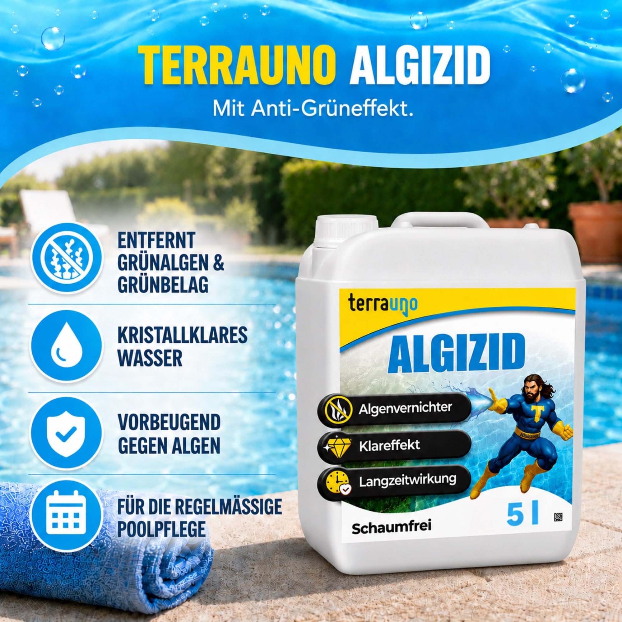 TerraUno Algizid für Pool, Algenvernichter Pool zum Schutz vor Algen, Pilzen & Bakterien, 5 L Pool Algenvernichter mit Klareffekt für sauberes und klares Badewasser