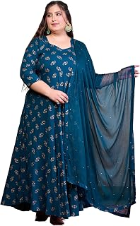 PrettyPlus by Desinoor.com Plus Size Teal Gold Printed Anarkali with Dupatta Price In India