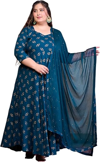 PrettyPlus by Desinoor.com Plus Size Teal Gold Printed Anarkali with Dupatta