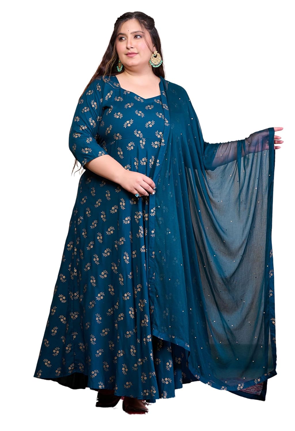 PrettyPlus by Desinoor.com Plus Size Teal Gold Printed Anarkali with Dupatta - Review, Price and Buying Guide