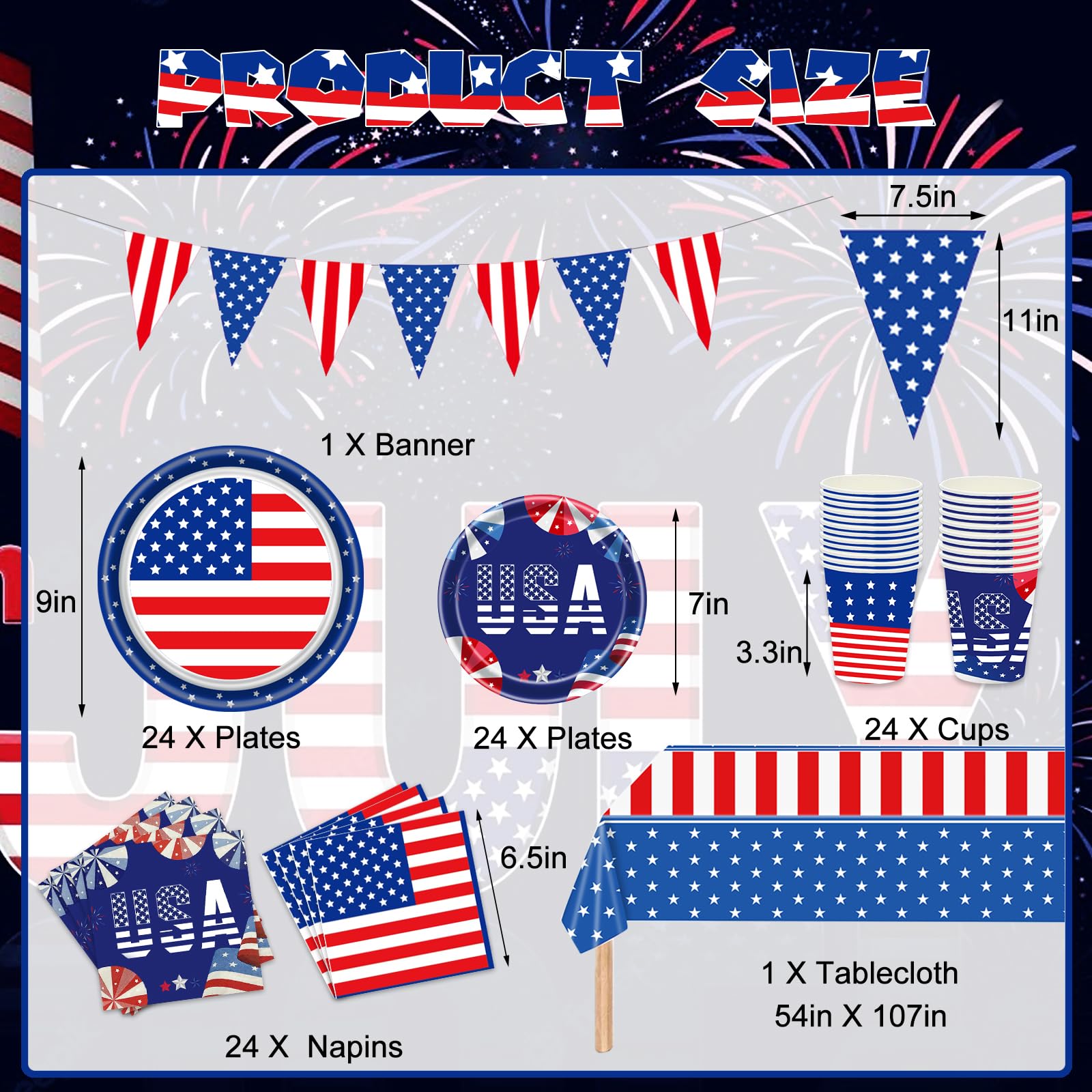 American Flag Patriotic Party Supplies 98Pcs Veterans Day Election Day 4th of July Independence Day Decoration Include Disposable Plates, Napkins, Cups, Banner and Tablecloth (Independence Day)