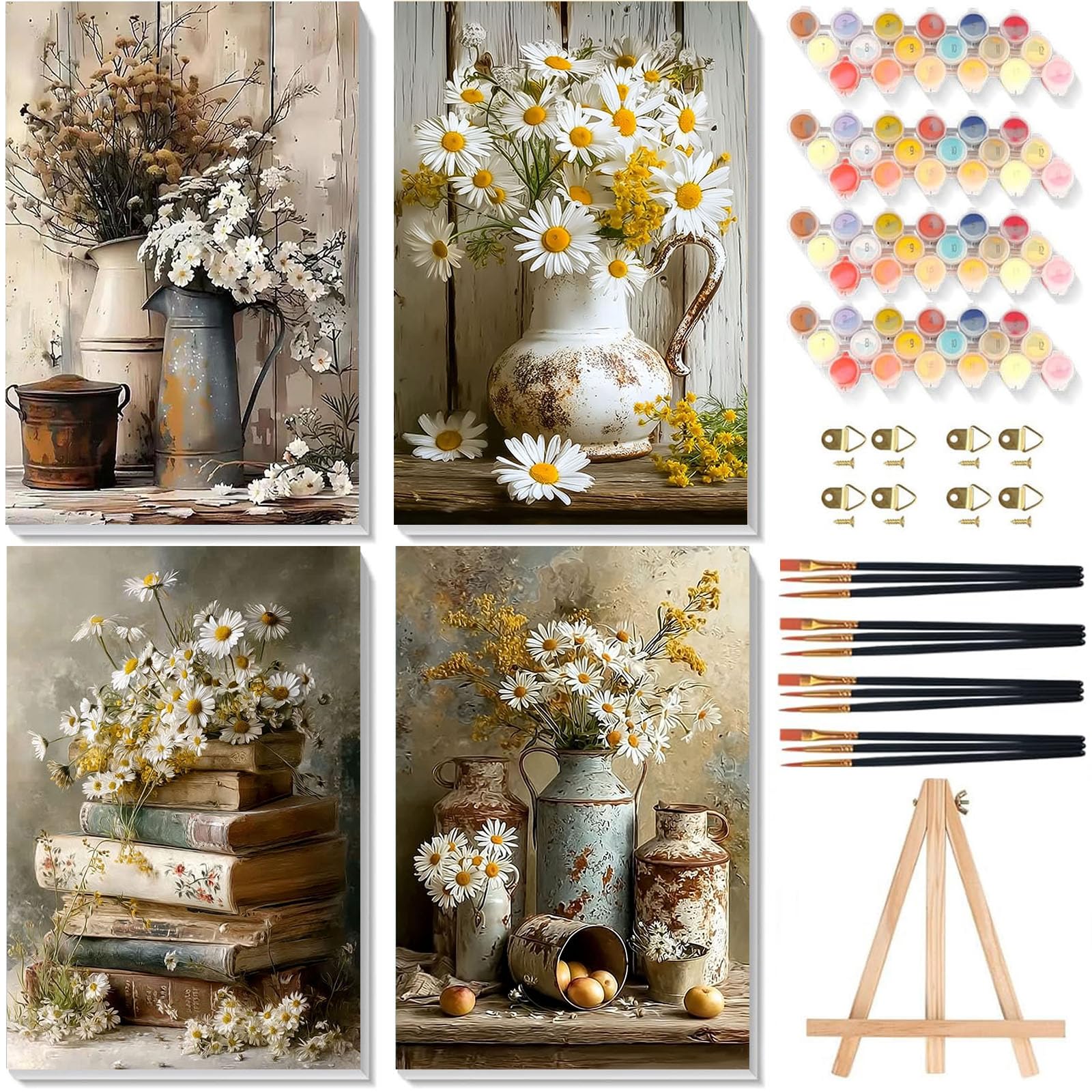 4 Stück Malen nach Zahlen Erwachsene mit Rahmen - Holzstaffelei, Vintage-Blumen Malen nach Zahlen für Anfänger, DIY Rustikale Margeriten Acryl Ölmalerei Kits mit Pinseln für Home Wall Decor, 20x30 cm
