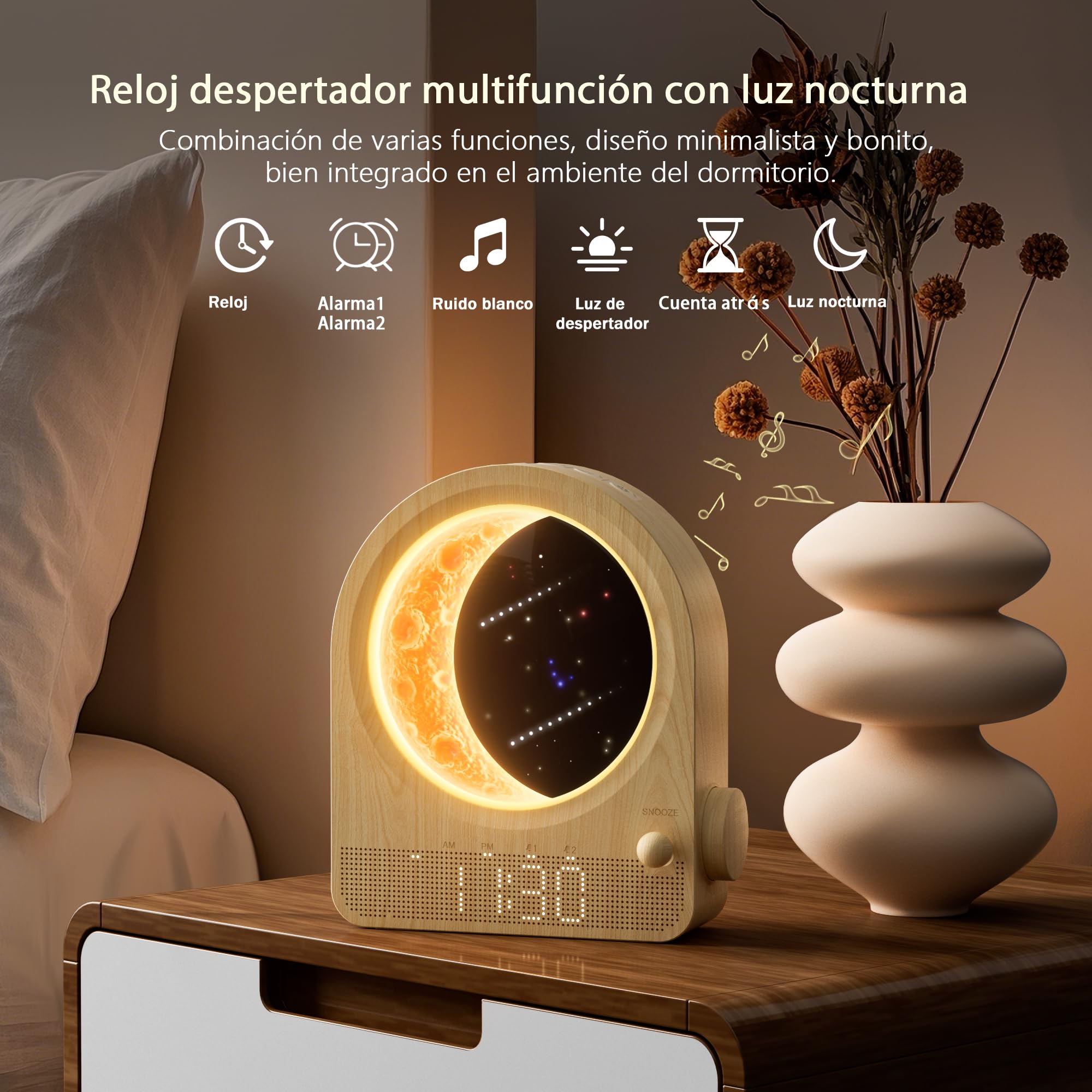 blonbar Reloj Despertador,Lámpara de Luna,10 Sonidos Naturales | 2 despertadores, 3 niveles de brillo, 10 sonidos naturales, luz nocturna regulable para dormitorio