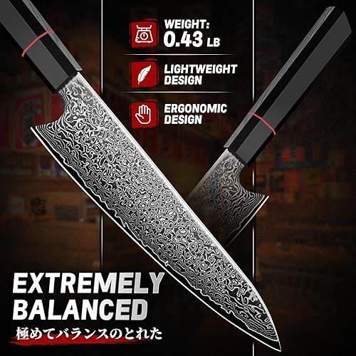 Miniatura 6 de TIVOLI Cuchillo de chef de Damasco de 8 pulgadas, cuchillo de cocina japonés de alto carbono forjado a mano con mango octogonal, cuchillo de cocina