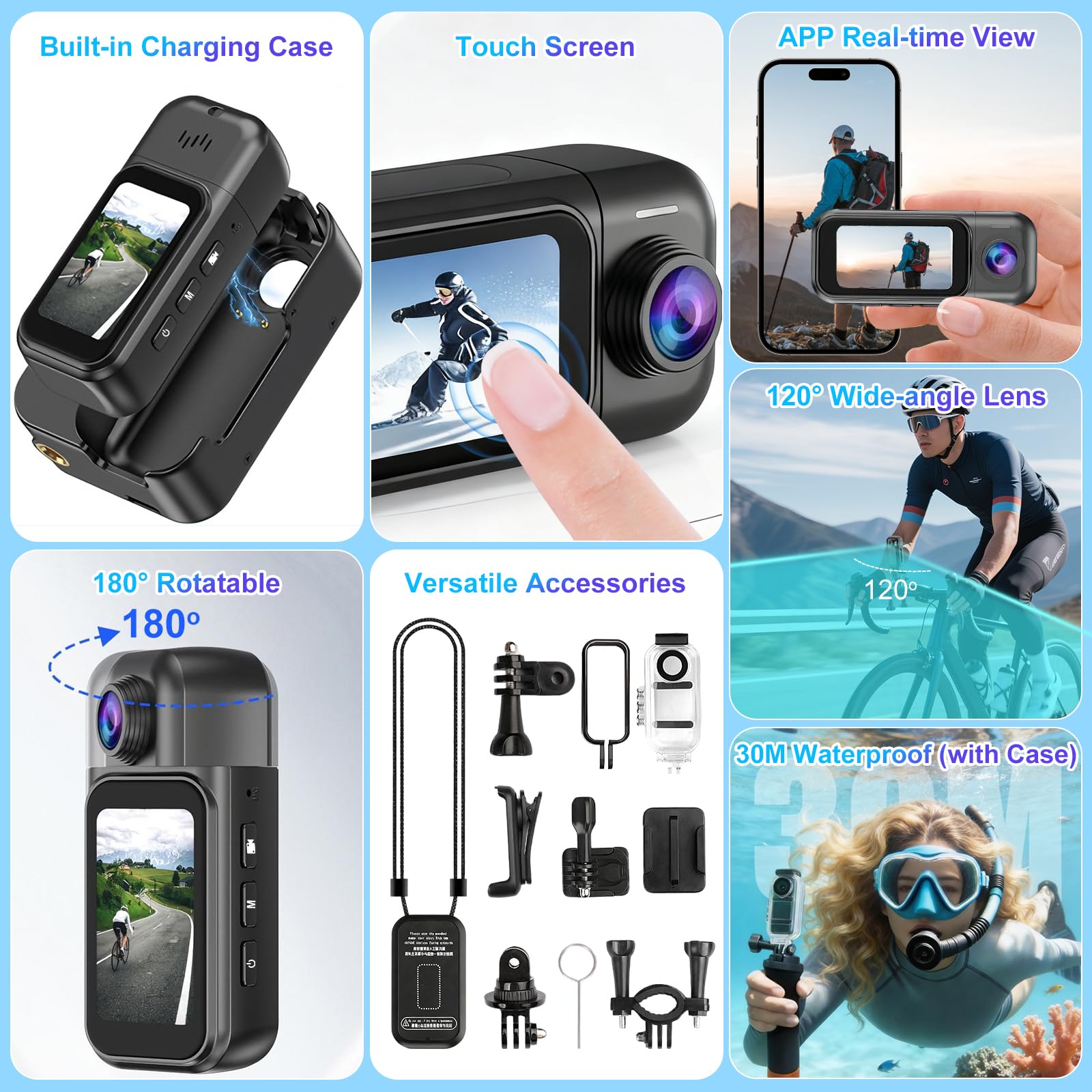 Cámara de Acción 256 G, Pantalla Táctil, Objetivo Giratorio de 180° | Actioncam de 2400 Mah, Resistente al Agua hasta 30 M, Gran Angular de 120°para Ciclismo, Motociclismo, Povs, Vlogs