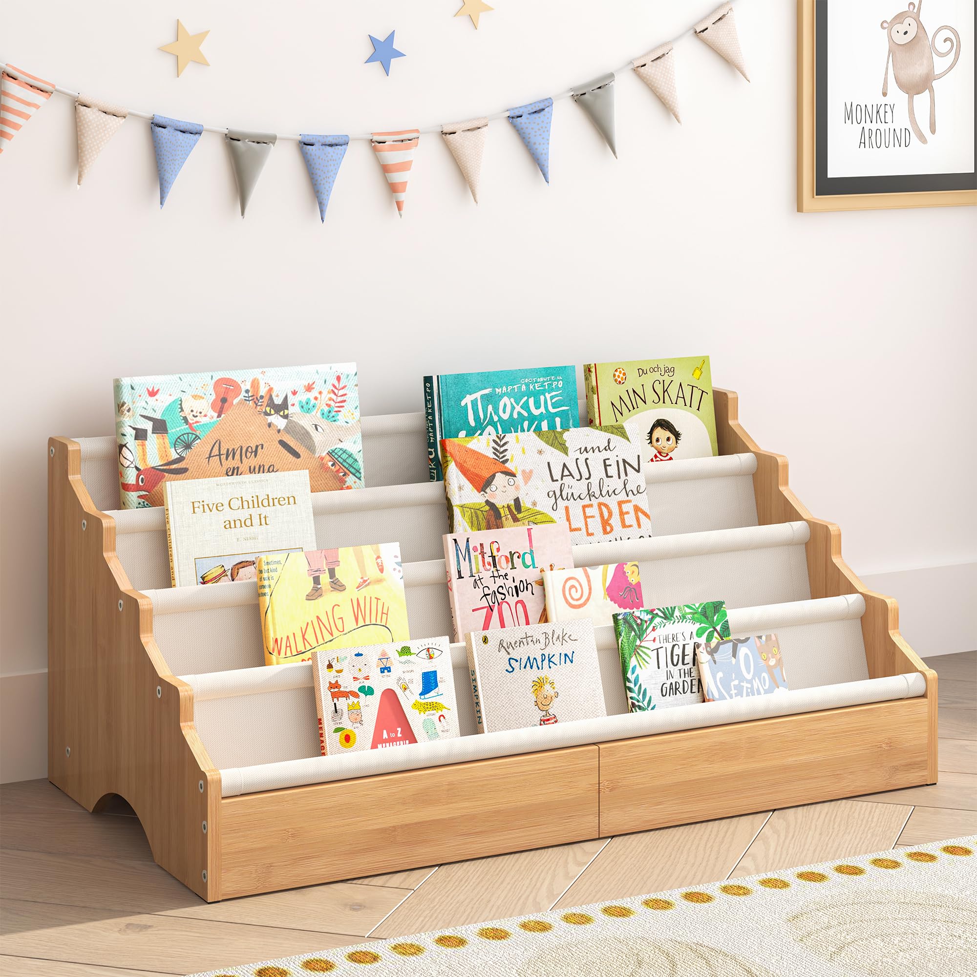 ELYKEN 4-Tier Wooden Kids Bookshelf, Small Children's Bookcase with Open Canvas Storage, Book Shelf Kids Room, Montessori Style Toddler Bookshelf, Reading Corner for Nursery, Bedroom, Playroom, Beige