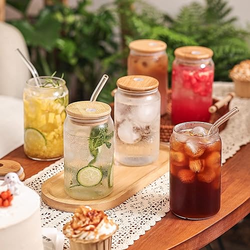 Miniatura 2 de DONGSHANGIFT Vasos de vidrio con tapas y pajitas, 6 vasos de vidrio con forma de lata de 16 onzas, vasos para beber con tapa de bambú y pajita, vaso