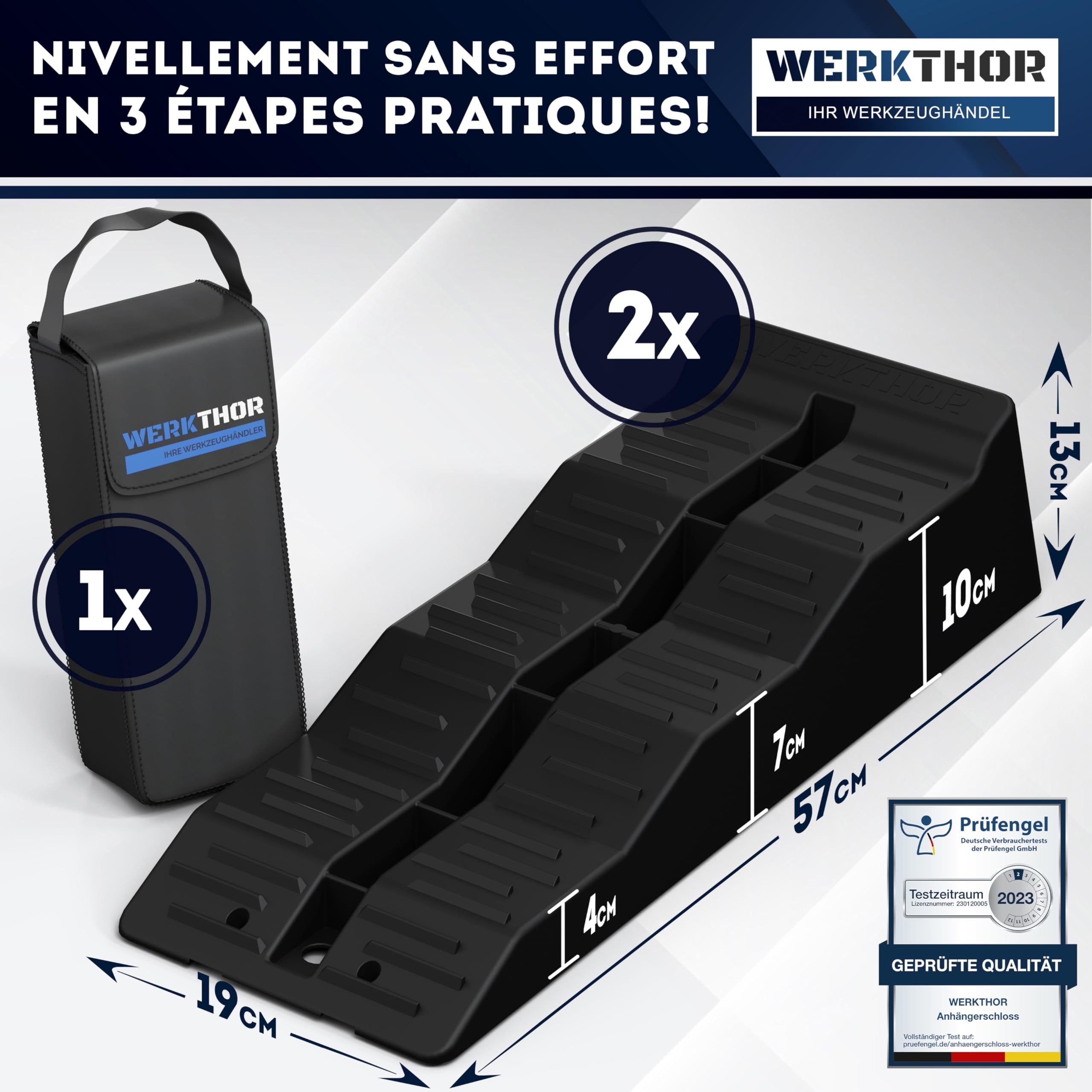 WERKTHOR Cales pour Camping-Car 3 Niveaux [Jeu de 2 – Noir] | Cale pour Camping Car et Camping-Car | Rampe Camping Car de Nivellement | Cale Roue Caravane Van Aménagé | Jusqu’à 5 Tonnes | Sac Inclus