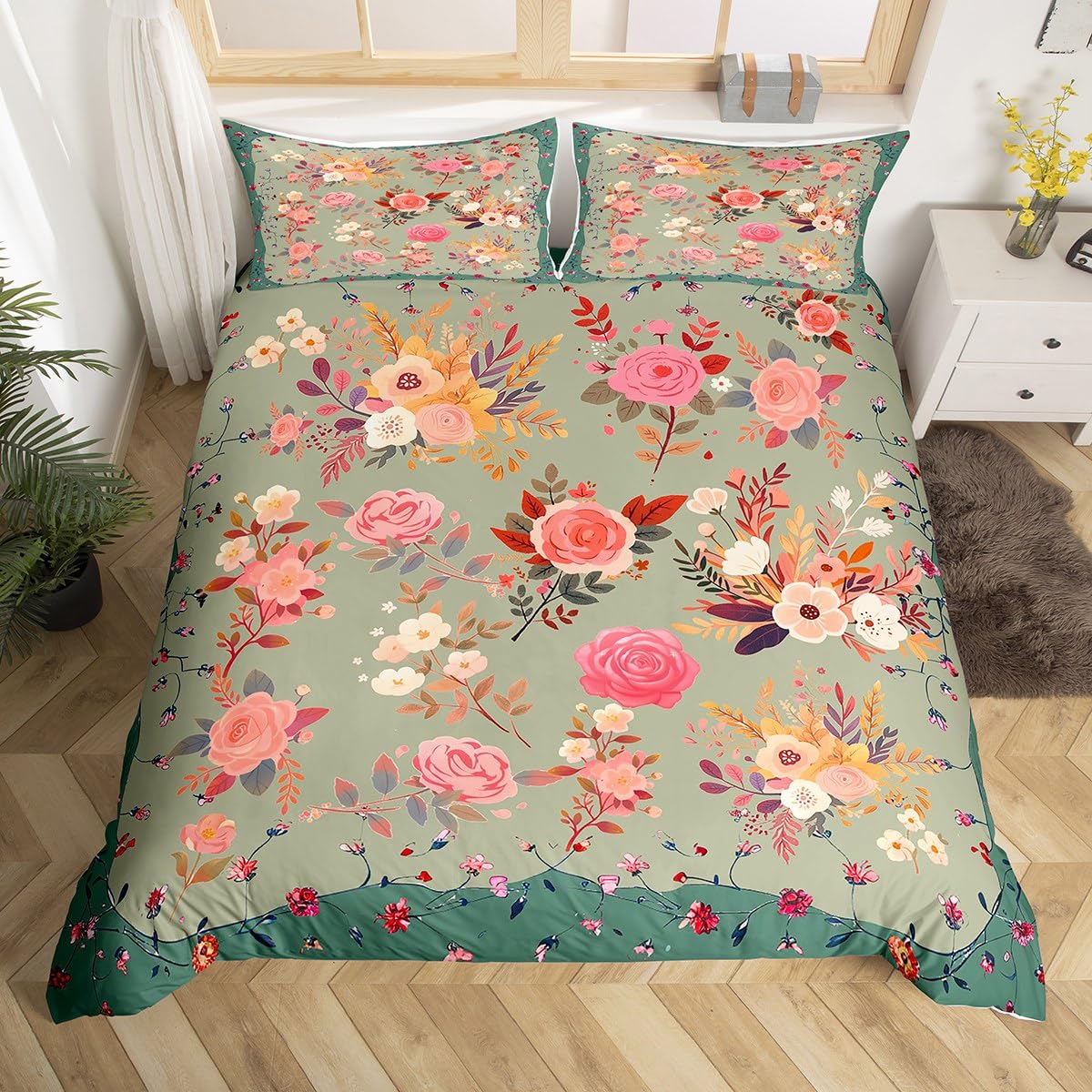 Homemissing Rose Bedding Set Double Size for Kids Boys Girls Floral Flower Duvet Cover Spring Garden Green Duvet Cover Bedroom Decor Breathable Soft Lightweight Microfiber (No Stuffing) โ image 1