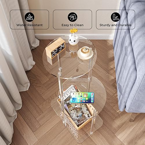 Miniatura 4 de Eglaf Mesa auxiliar redonda de acrílico – Mesa auxiliar de 3 niveles – Mesita de noche transparente pequeña mesita de noche decorativa para sala de