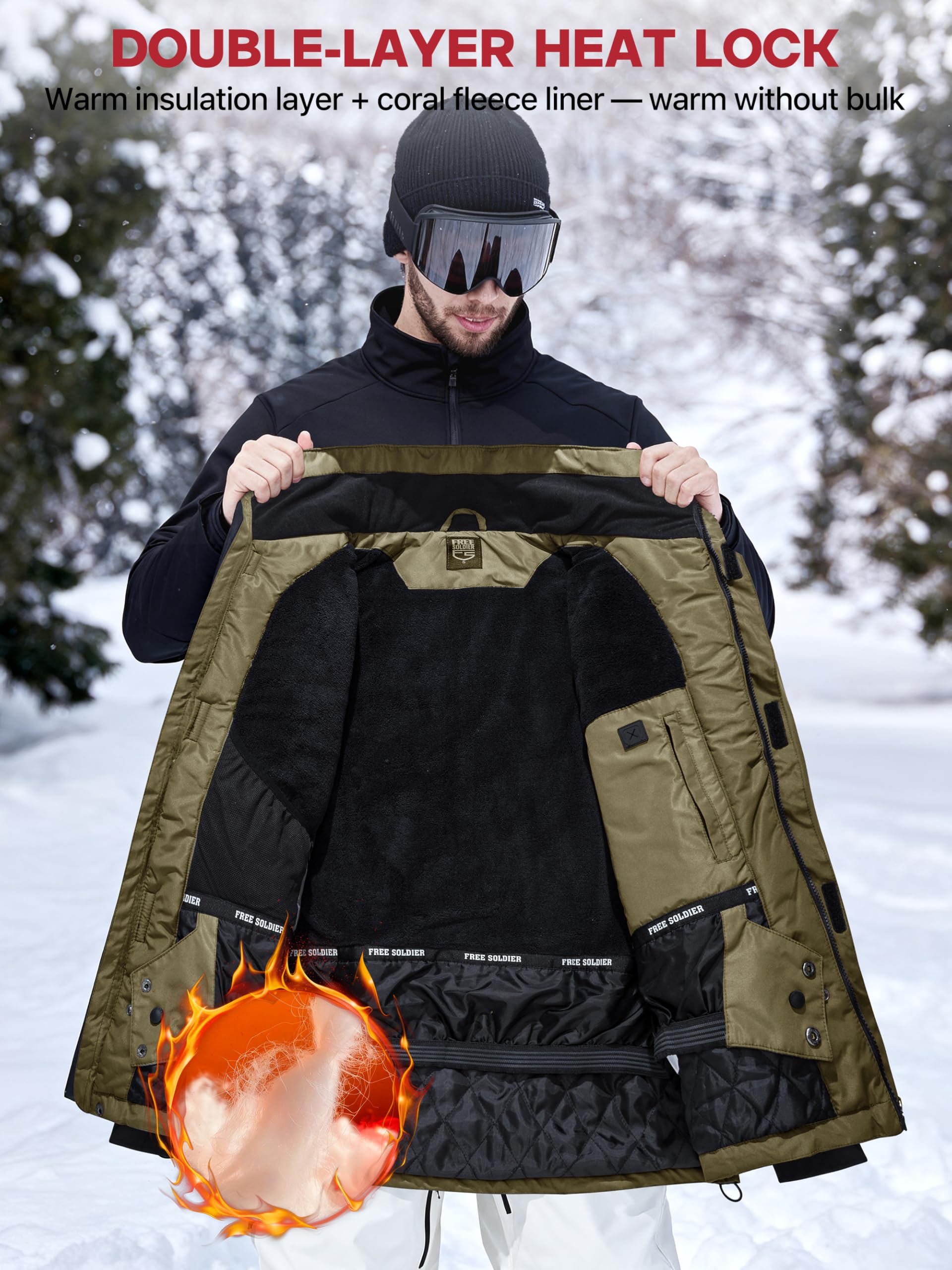 FREE SOLDIER Chaqueta de esquí impermeable para hombre, forro polar, abrigo de nieve cálido con capucha y costuras totalmente selladas
