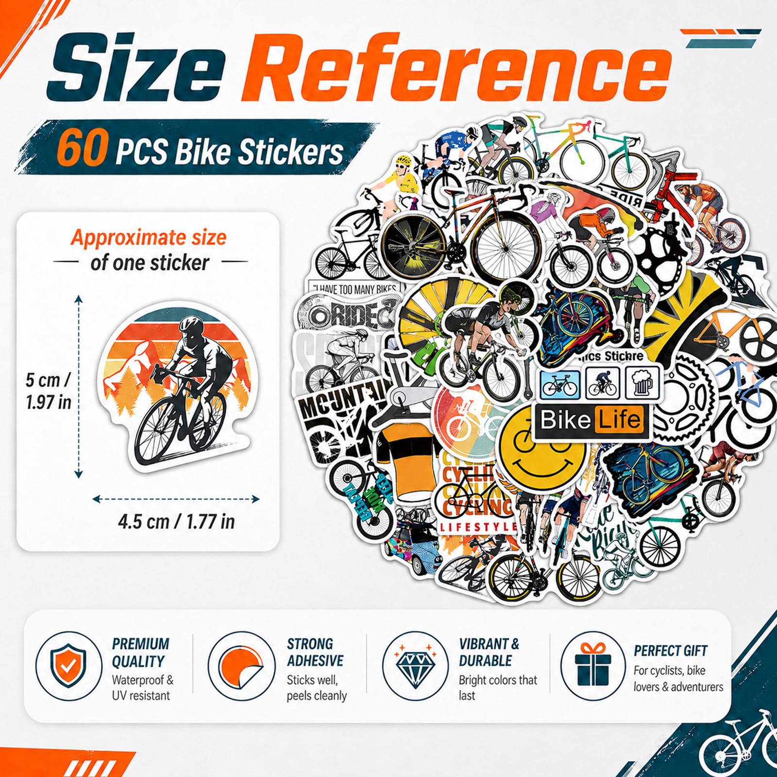 Zestaw 60 naklejek na rower – winylowe naklejki na kask, ramę, butelkę z wodą, walizkę, skuter, meble, wodoodporne, na rower MTB, rower wyścigowy, BMX, personalizacja, dla rowerzystów