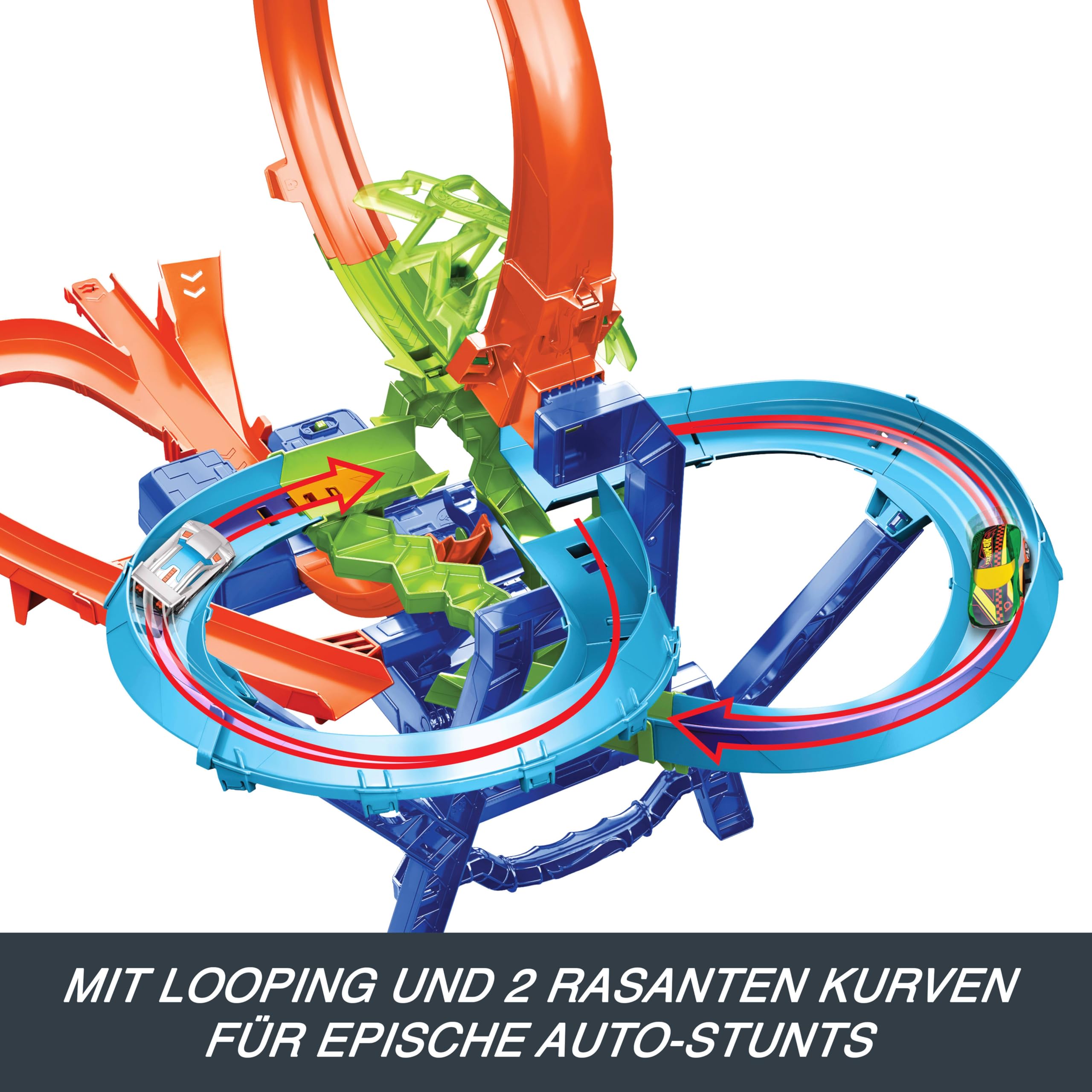 Hot Wheels Spielzeugauto-Trackset, Stunttrack Unendliche Crash-Action mit Die-Cast-Spielzeugauto im Maßstab 1:64 und batteriebetriebenem Beschleuniger für endlose Stunts und Rennen, JKJ78