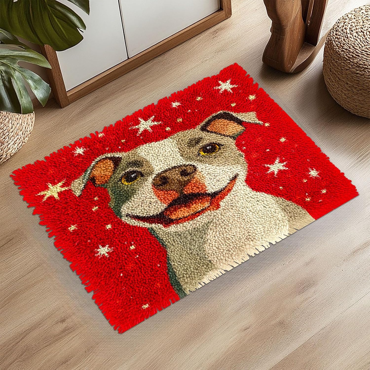 Latch Hook Rug Kit for Adults Merry Christmas Pitbull Dog Pre-Printed Handmade Carpet Crochet Yarn Craft DIY Hook and Latch Door Mat Tapestry Home Floor Decoration 60x40cm(1)