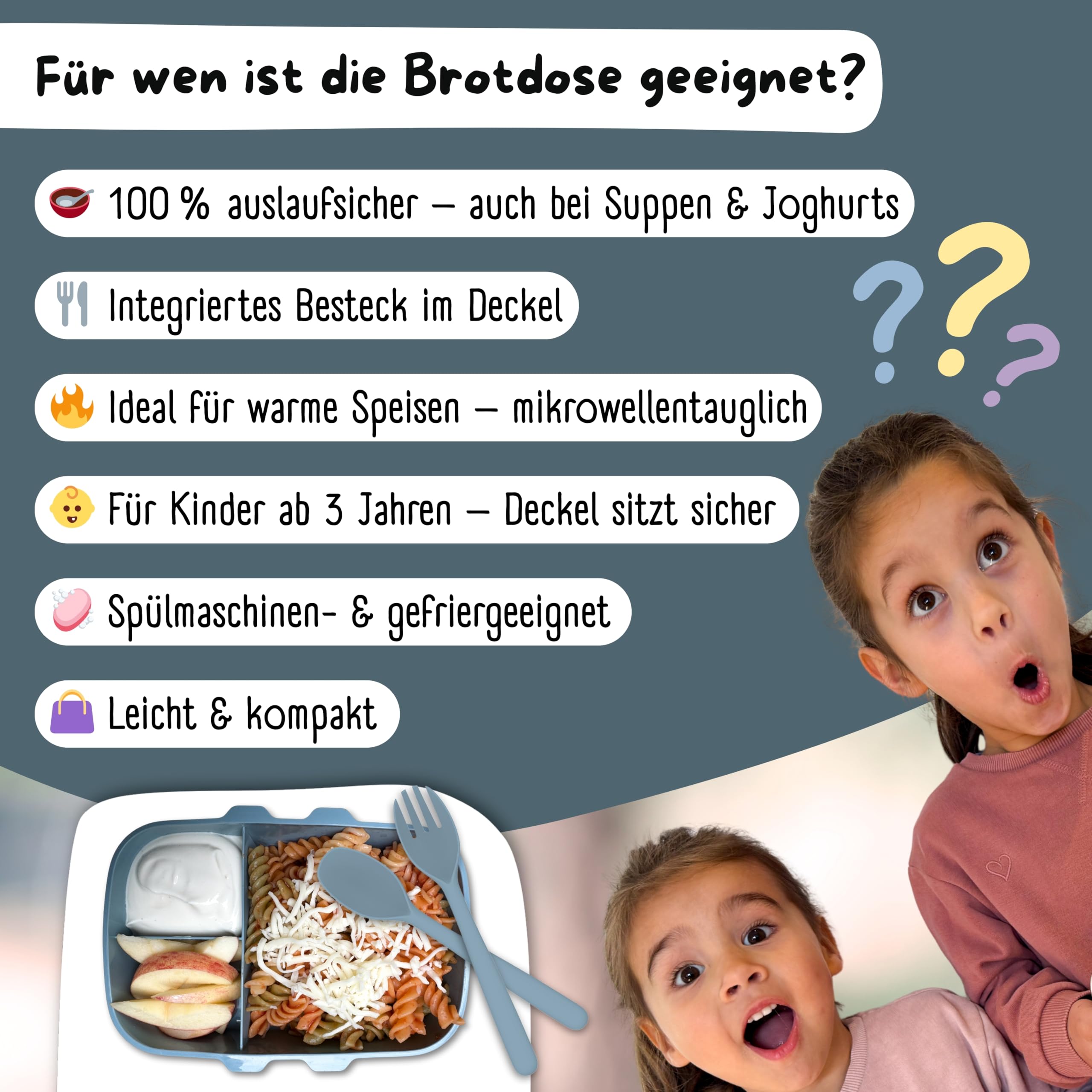 BEARFOOT Brotdose Kinder mit Fächern, auslaufsichere Box (Blau) | BPA-frei, 100% auslaufsicher, Bento Box mit Trennfächern, für Schule & Kindergarten, Mädchen & Jungen