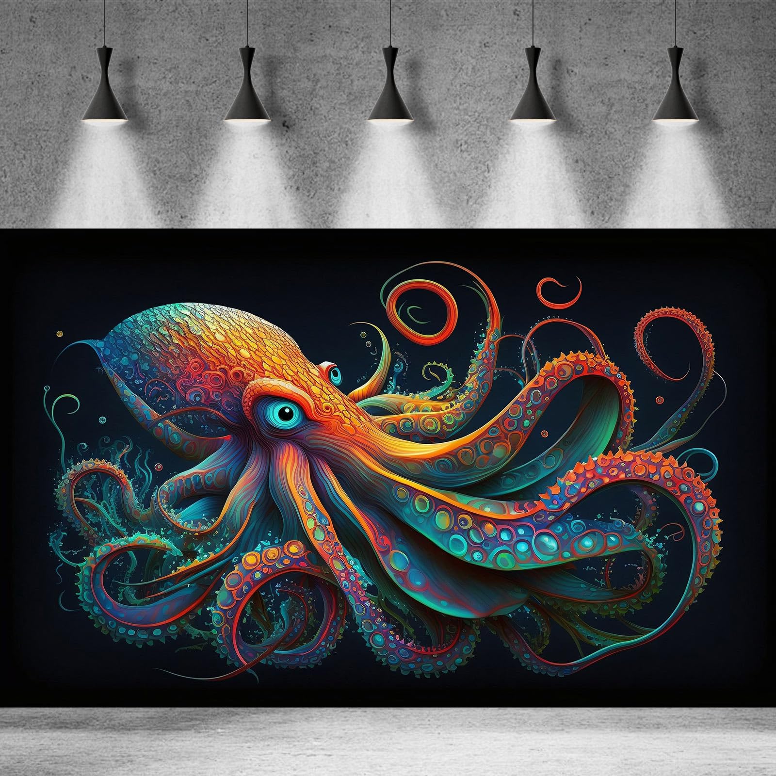 Fondo abstracto de acuario de pulpo, fondo de terrario de pulpo, pulpo brillante en fondo negro, fondo de pecera, póster decorativo de vinilo, 76 x 30 cm