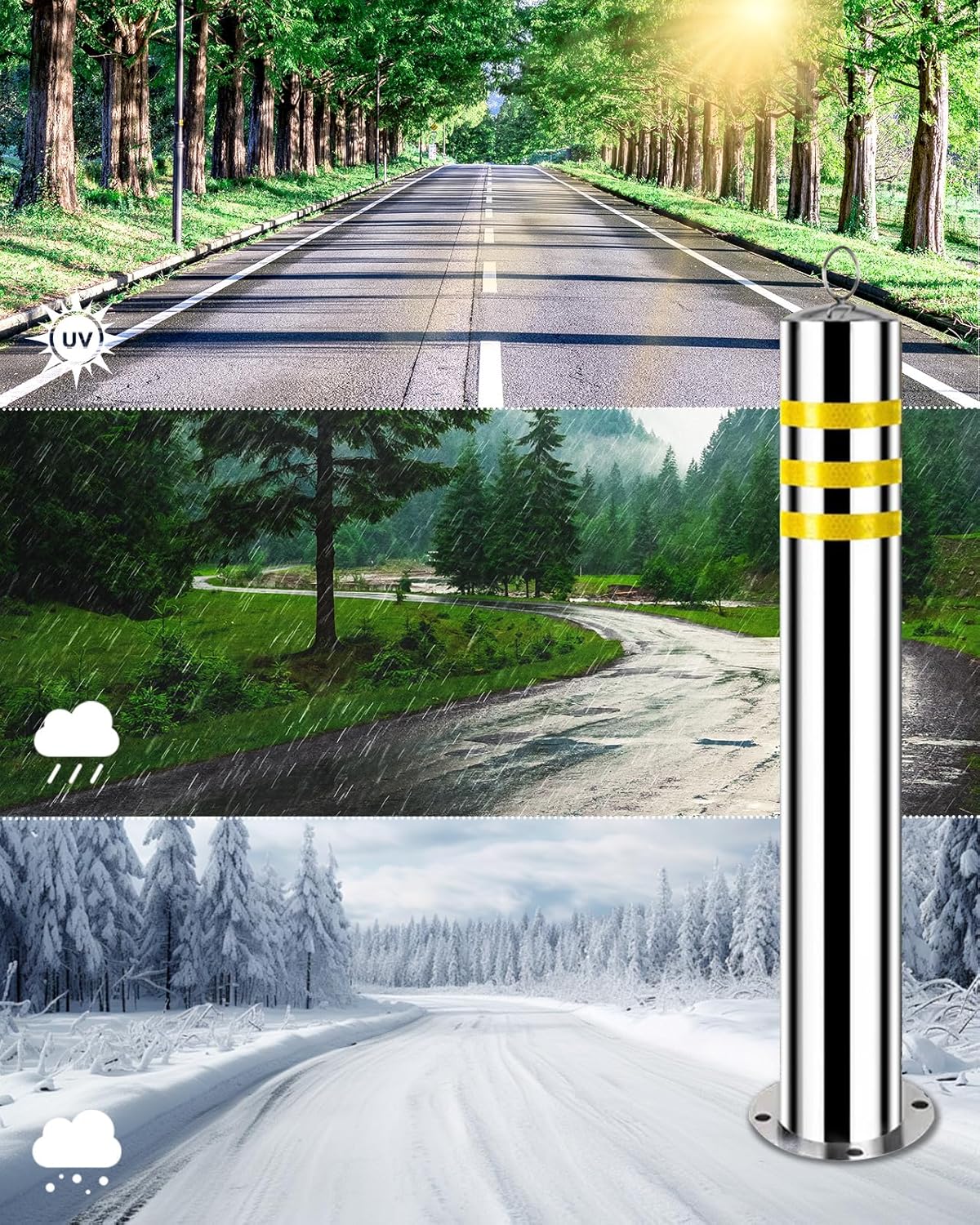 Safety Bollard 32" Stainless Steel with Reflective Strips & 16Ft Chain - Windproof Driveway Barrier, IP67 Waterproof Traffic Delineator Posts (2 Pack, 8 Anchors)