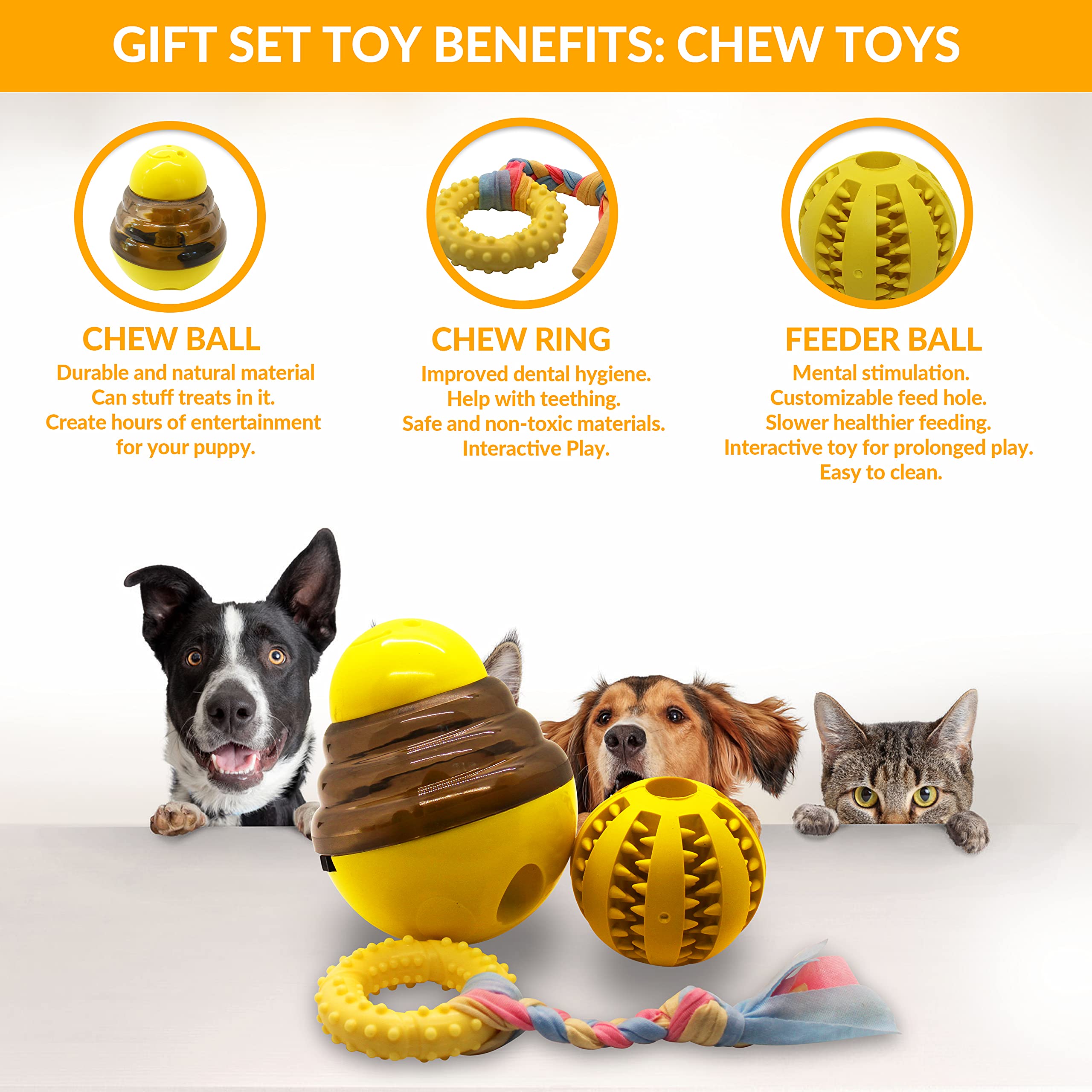 Gelbe Hunde-Geschenkbox – Welpenkauspielzeug Set von 5 Stück – Welpenpflegeset mit Hundedecke, Gummi-Beißring, Zahnball und Leckerli-Ball für kleine und mittelgroße Hunde