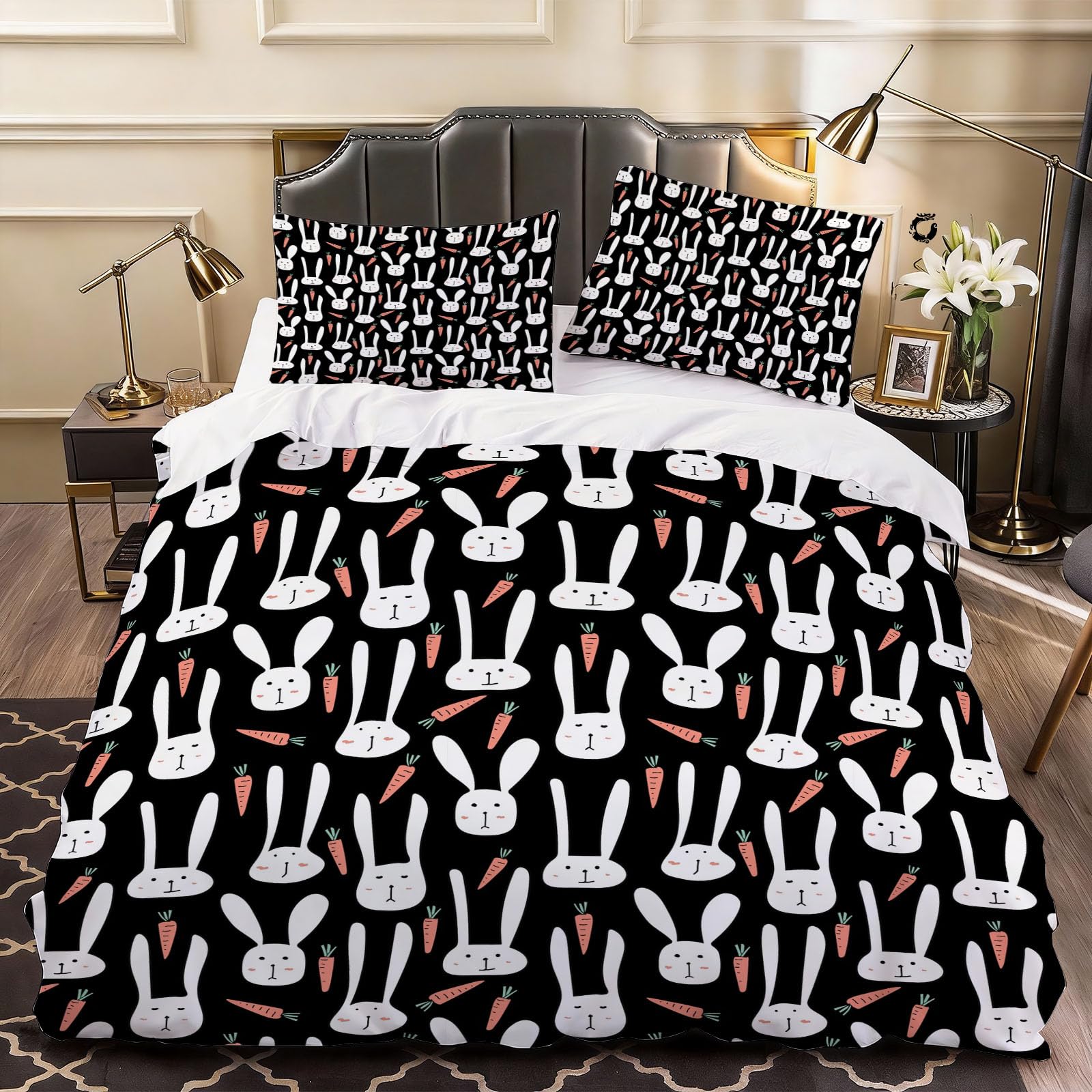 3D Cute Rabbit Duvet Cover Child Teen Bedding Double Bed Set, Soft Microfiber Comforter Cover Printed with Zipper Closure Quilt Coverr 200x200 cm and 2 Pillowcases