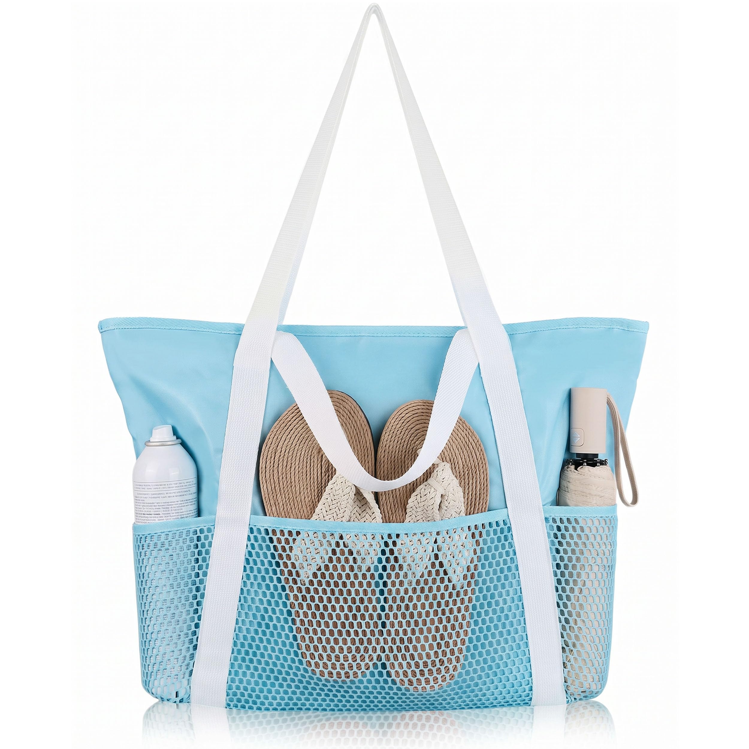 HOMESPON Strandtasche Damen mit Reißverschluss Große Wasserdicht Mesh Badetasche Familie Faltbar Beach Tote Bag Shopper
