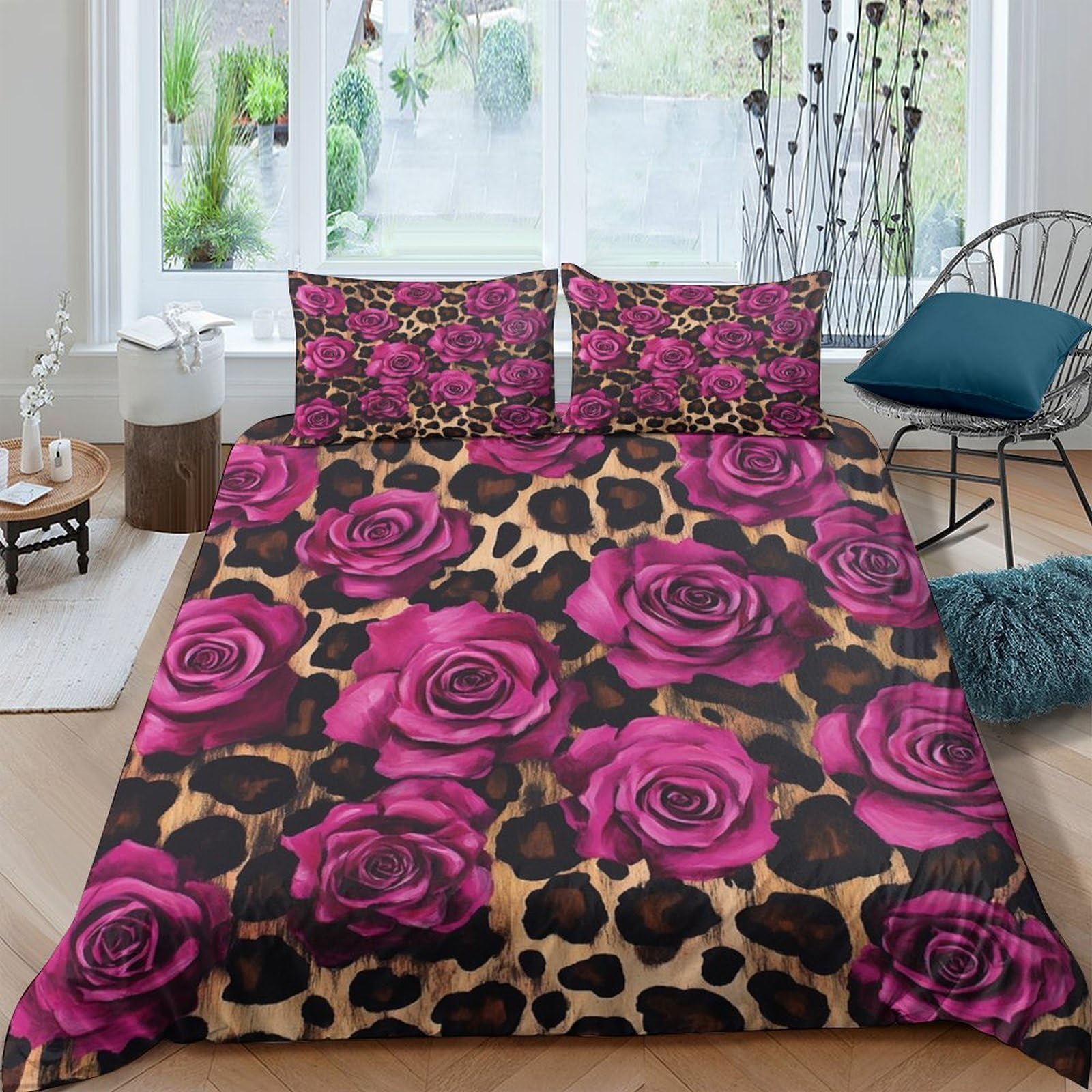 GPLZQXKJNH 3D Printed Rose Leopard Duvet Cover Set Microfiber Soft Breathable with 2 Pillowcases for Bedroom Decor Single（135x200cm）