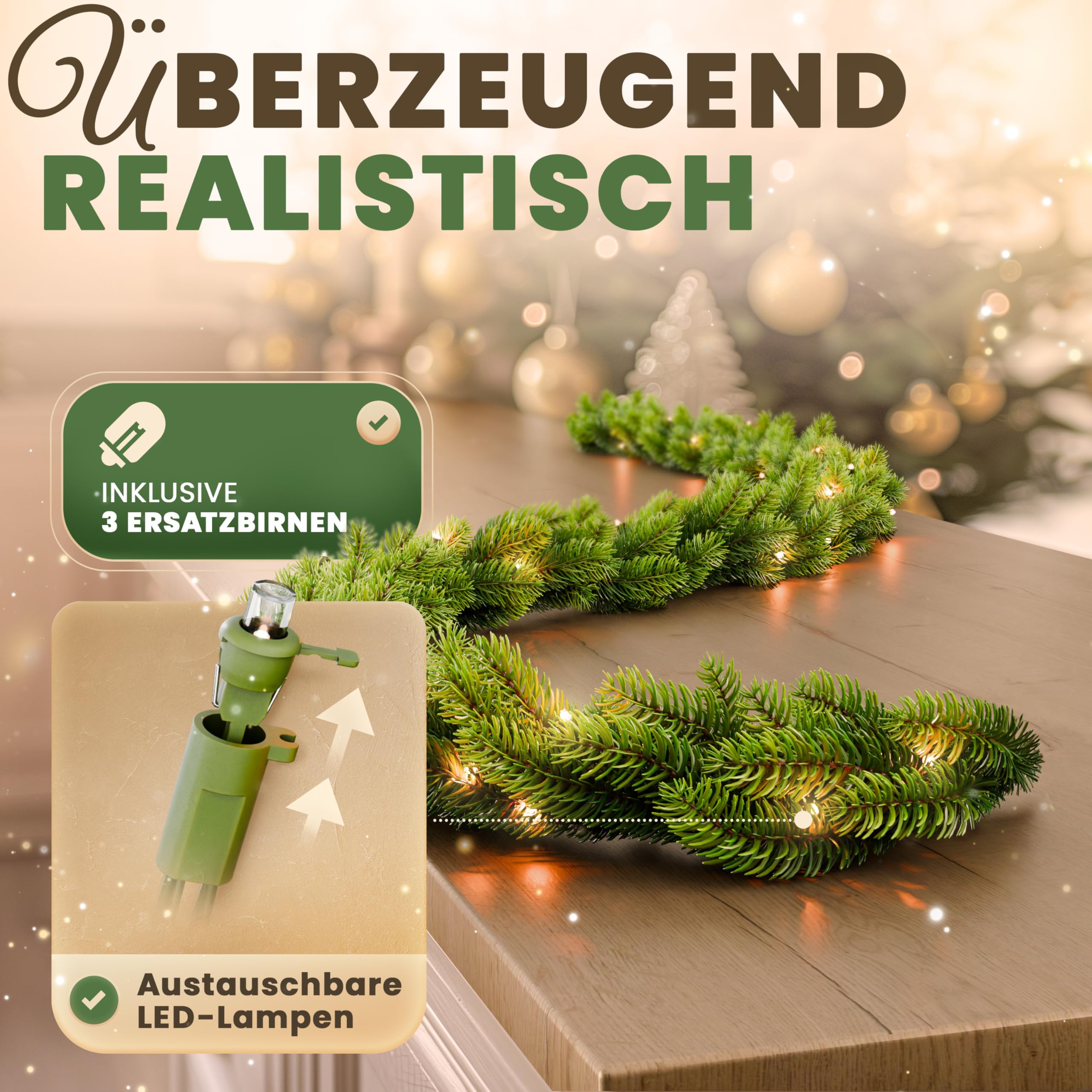 ArtiTree Weihnachtsgirlande - Naturgetreue Tannengirlande, 270cm Grün, LED-beleuchtet, Perfekt für Weihnachtsdeko, Treppengeländer & Türrahmen