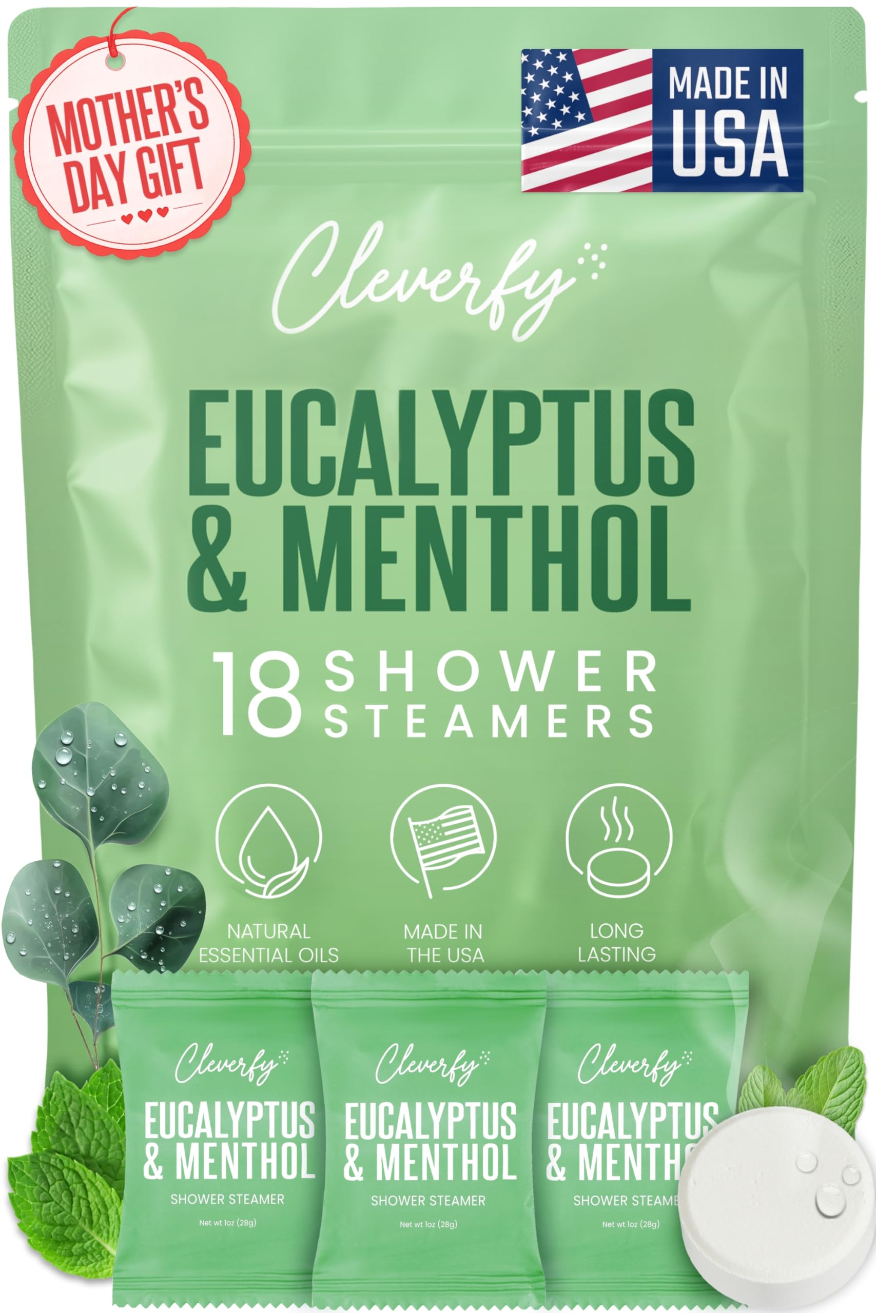 Cleverfy Eucalyptus Shower Steamers Aromatherapy - Mothers Day Gifts for Mom, Wife from Husband, Grandma, Daughter and Sister - Birthday Gifts for Women, Mom, Teens, Girlfriend and Her - 18 Tablets