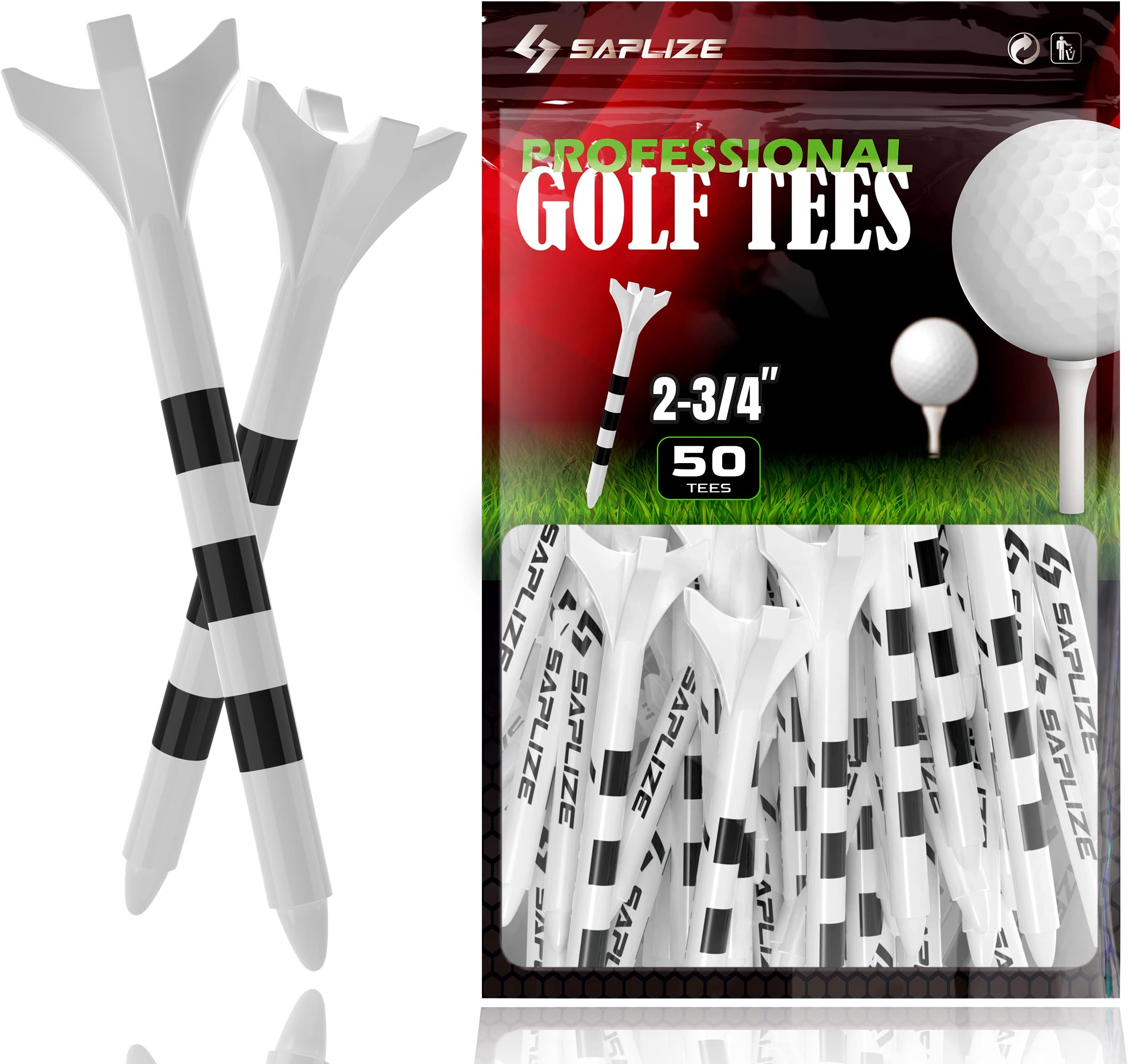 SAPLIZEReinforced Thick Plastic Golf Tees, Enhanced Stability, 50 Pack (2-3/4" / 3-1/4"), Engineered to Reduce Friction & Side Spin